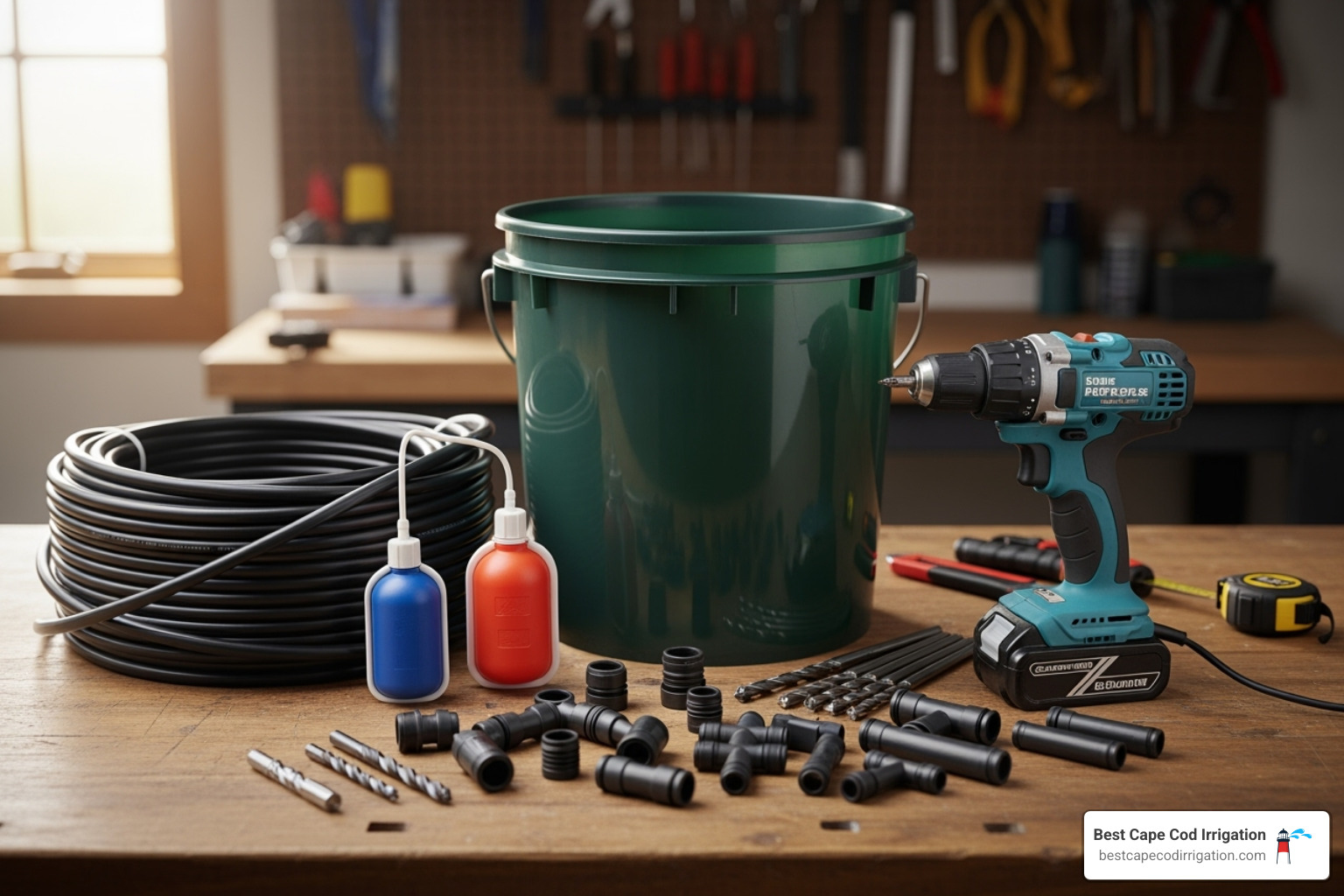 Parts for a DIY EarthBox automatic watering system laid out on a table, including a large bucket, tubing, float valve, drill, and connectors - diy earthbox automatic watering system