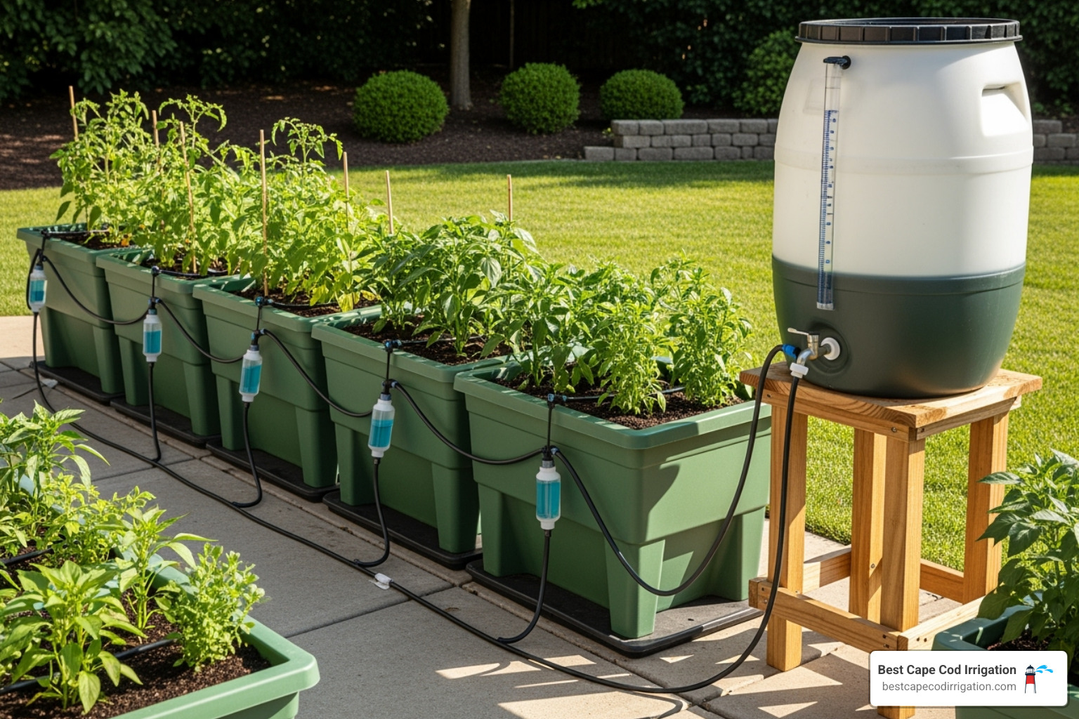 Completed multi-box setup connected with irrigation tubing, showing a central reservoir and multiple EarthBoxes receiving water - diy earthbox automatic watering system