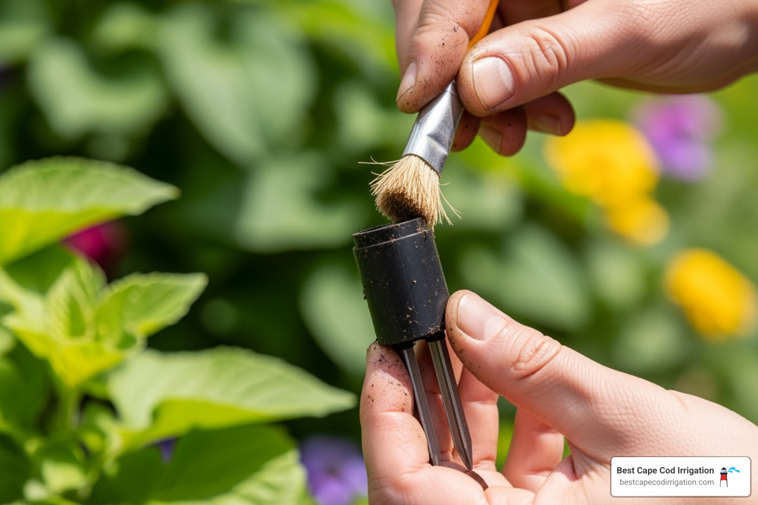 gardener cleaning an AWS sensor with a small brush - earthbox automatic watering gardener cleaning an AWS sensor with a small brush - earthbox automatic watering