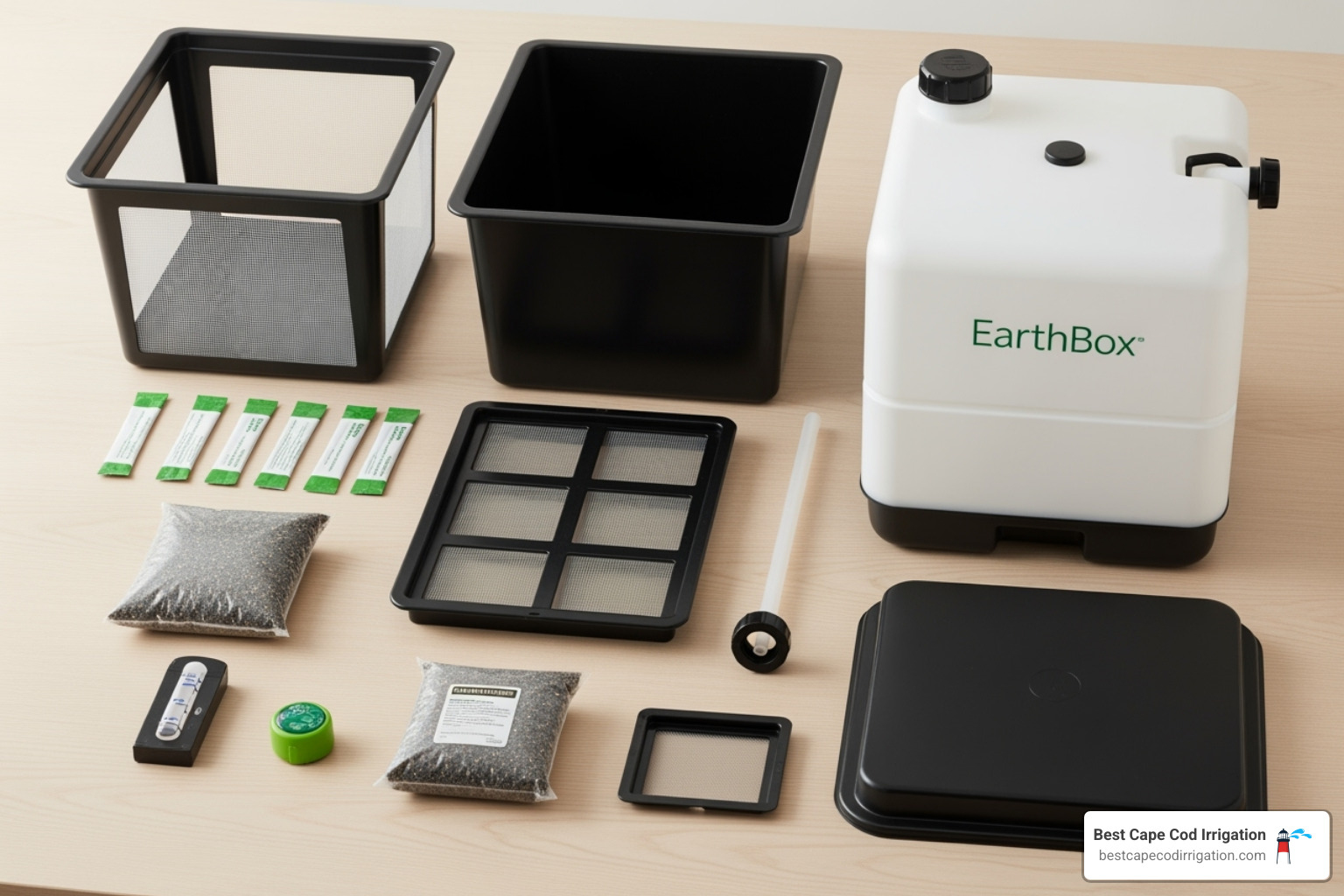 all the components of the AWS kit laid out on a clean surface - earthbox automatic watering all the components of the AWS kit laid out on a clean surface - earthbox automatic watering