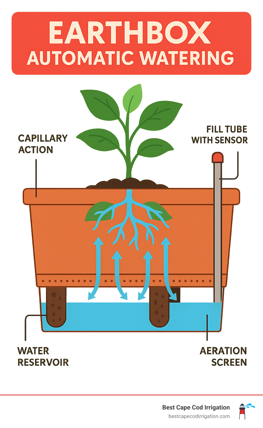 Detailed infographic showing EarthBox automatic watering system components including water reservoir at bottom, aeration screen, wicking chambers, fill tube with sensor, and capillary action arrows showing water movement upward to plant roots - earthbox automatic watering infographic Detailed infographic showing EarthBox automatic watering system components including water reservoir at bottom, aeration screen, wicking chambers, fill tube with sensor, and capillary action arrows showing water movement upward to plant roots - earthbox automatic watering infographic