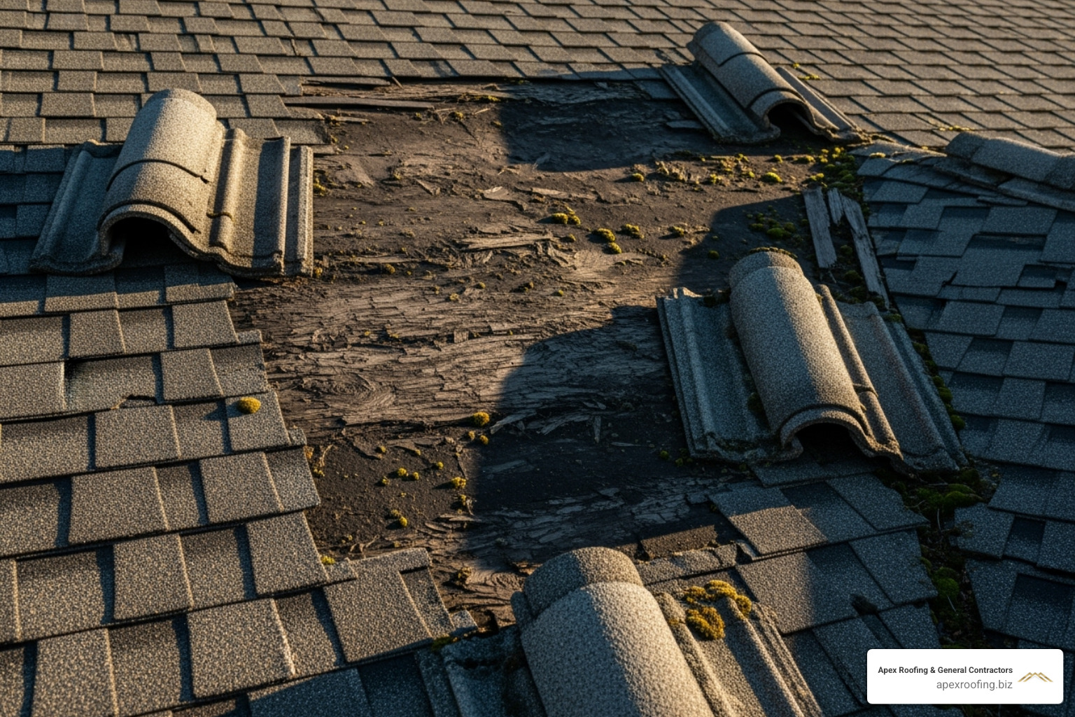 Curled and missing asphalt shingles on an old roof - Roofing installation service