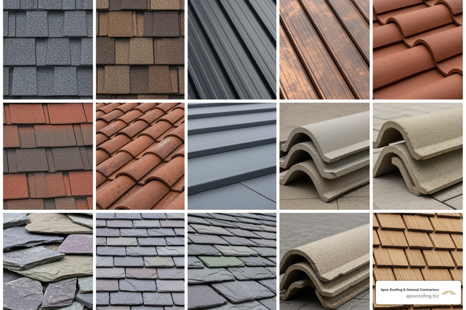 Collage of different roofing materials like asphalt shingles, metal panels, and tiles - Roofing installation service