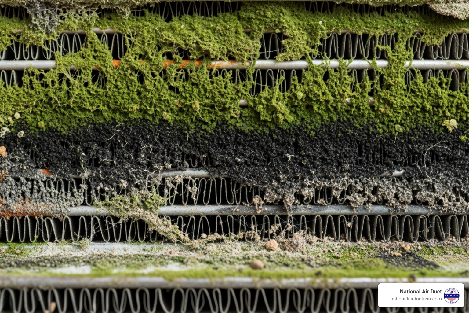 of a dirty evaporator coil covered in mold - HVAC system disinfection