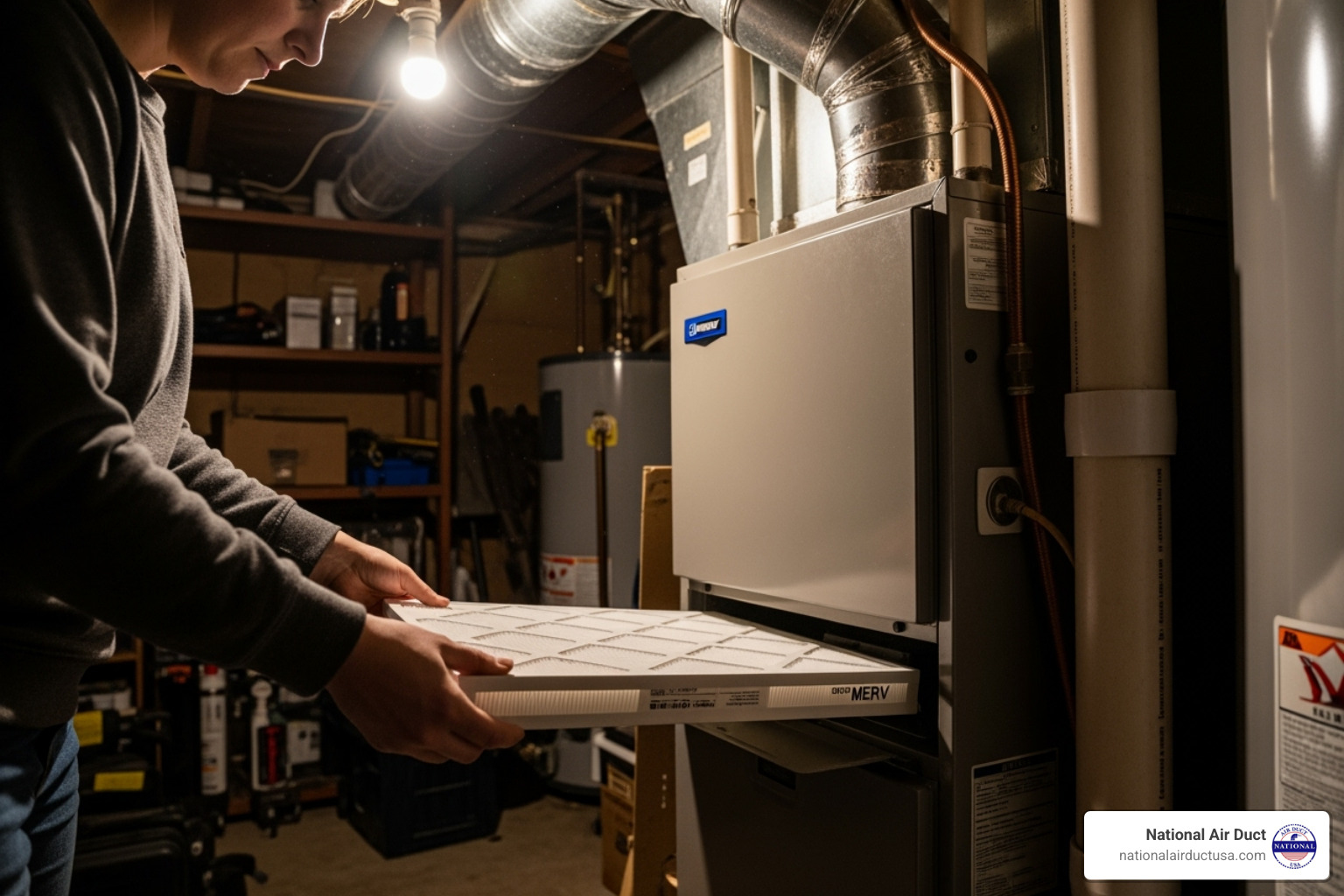 of a homeowner changing an HVAC filter - HVAC system disinfection