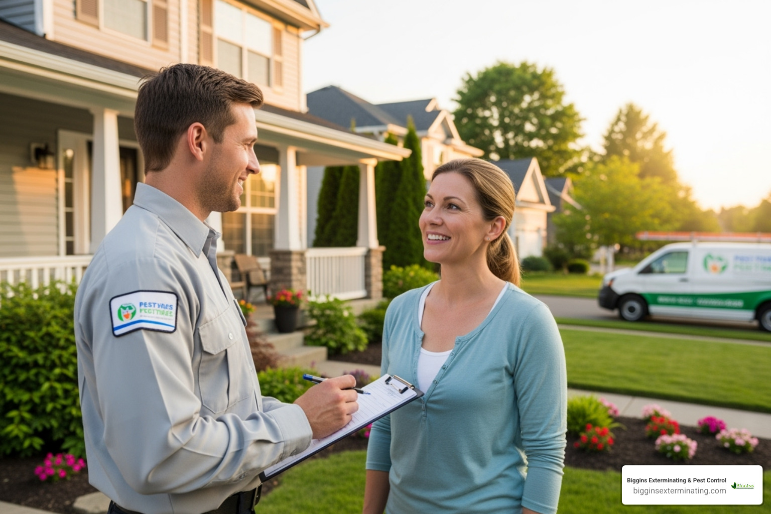 a friendly technician talking to a homeowner - local pest extermination services