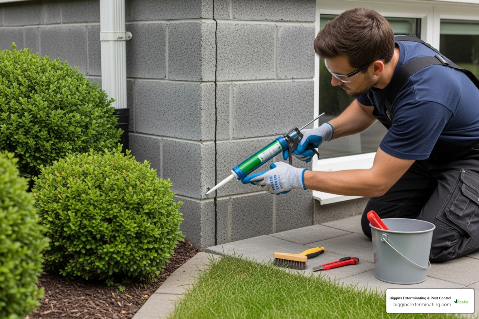 a homeowner sealing a crack in their foundation - Exterminators Lexington MA