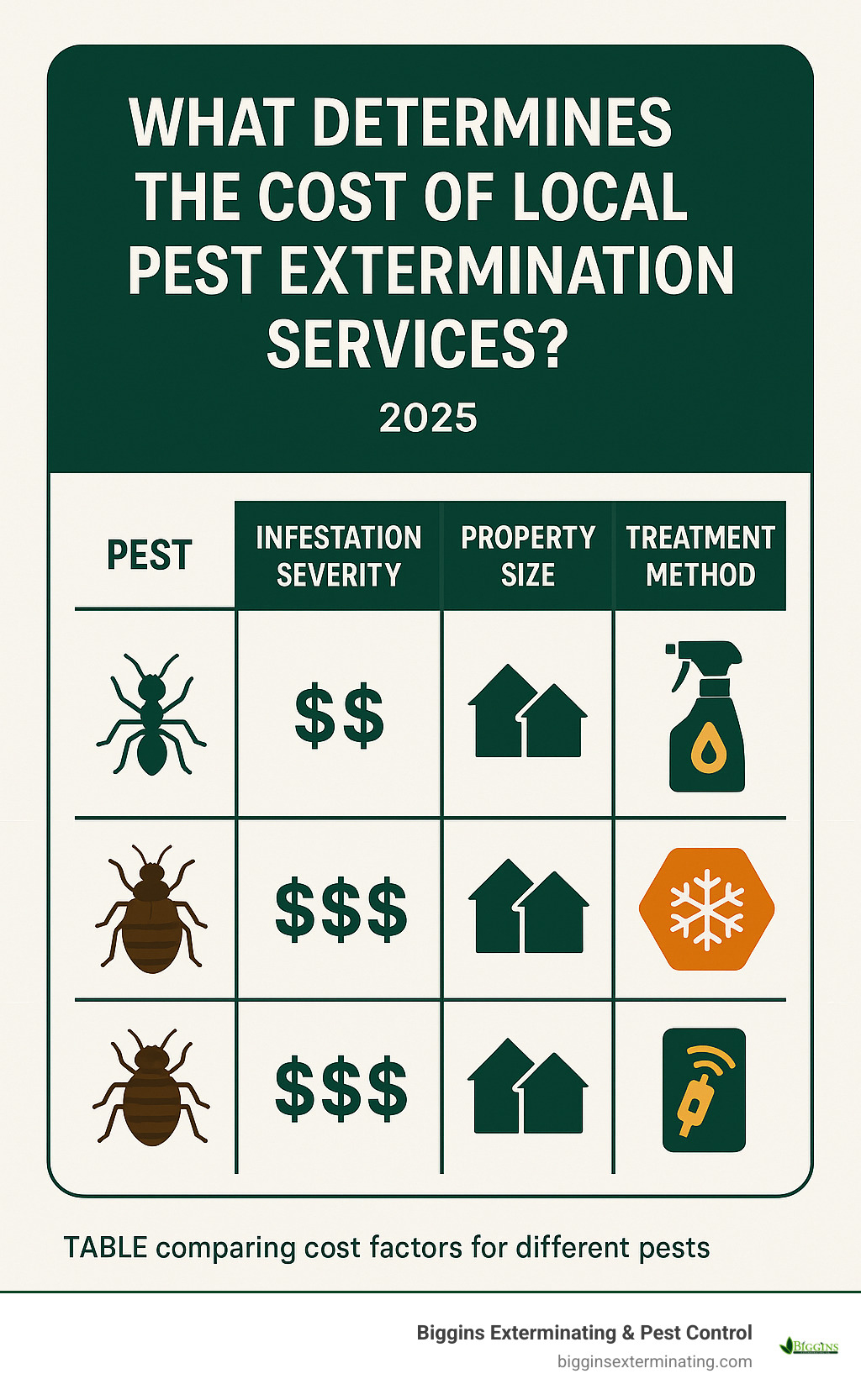 TABLE comparing cost factors for different pests - local pest extermination services infographic 