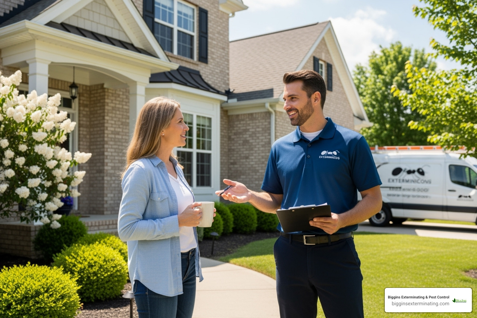 a friendly, professional exterminator talking with a homeowner - Exterminators Lexington MA