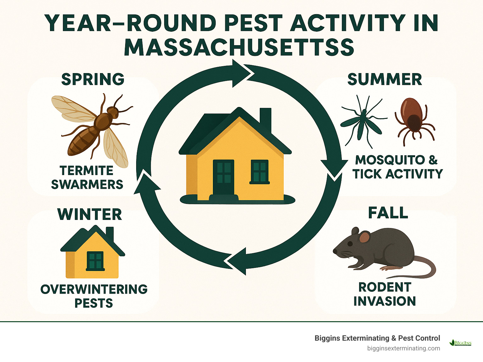 Infographic showing the year-round pest activity cycle in Massachusetts, including spring termite swarmers, summer mosquito and tick activity, fall rodent invasion, and winter overwintering pests seeking shelter in homes - Exterminators Lexington MA infographic 