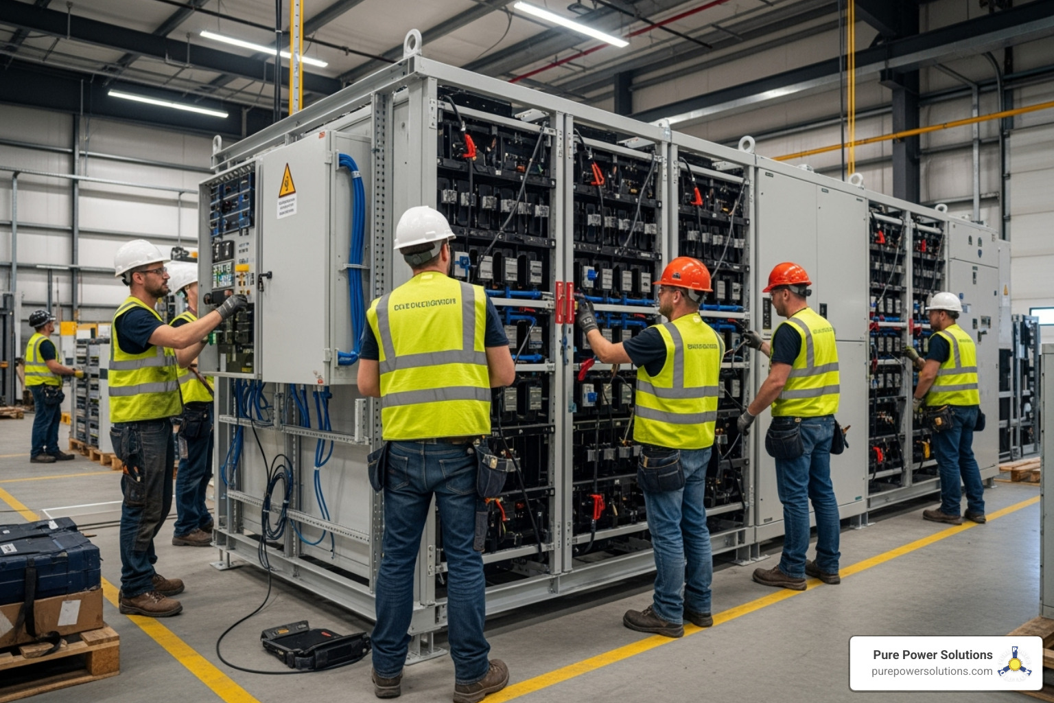 Technicians installing commercial battery system - battery storage comparison Technicians installing commercial battery system - battery storage comparison