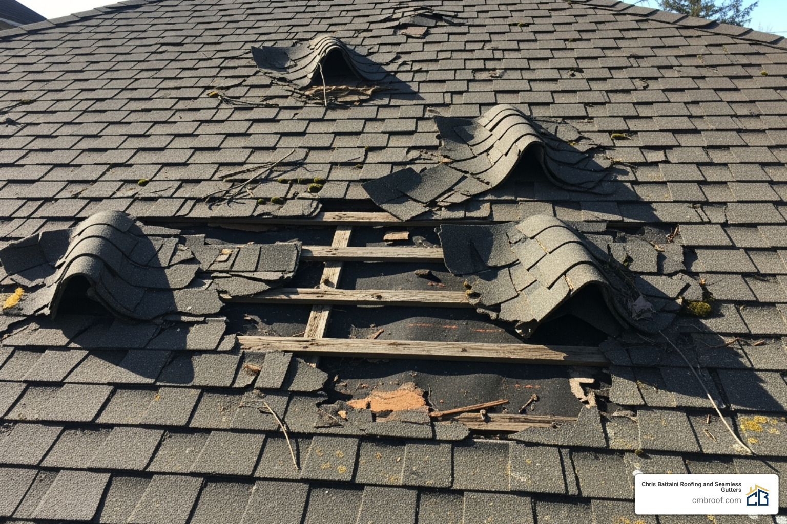 Curling and missing asphalt shingles on a roof, indicating significant wear and tear - licensed roofers near me