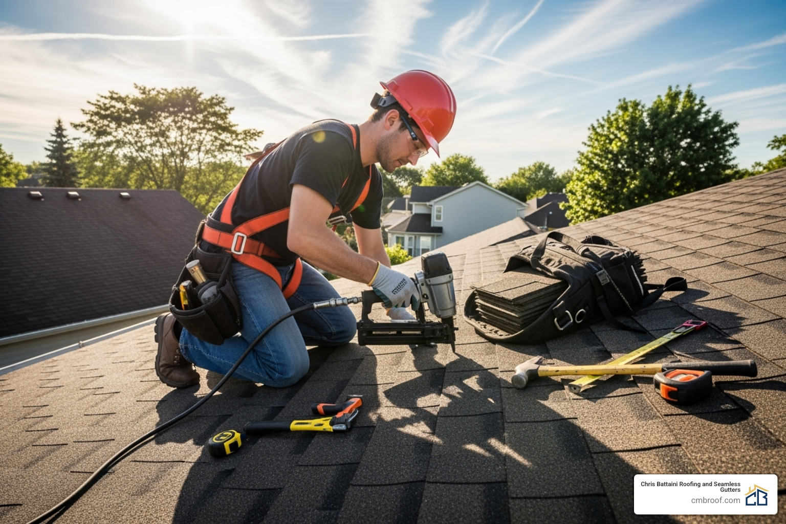 Professional roofer wearing safety gear and harness while working on a residential roof - licensed roofers near me