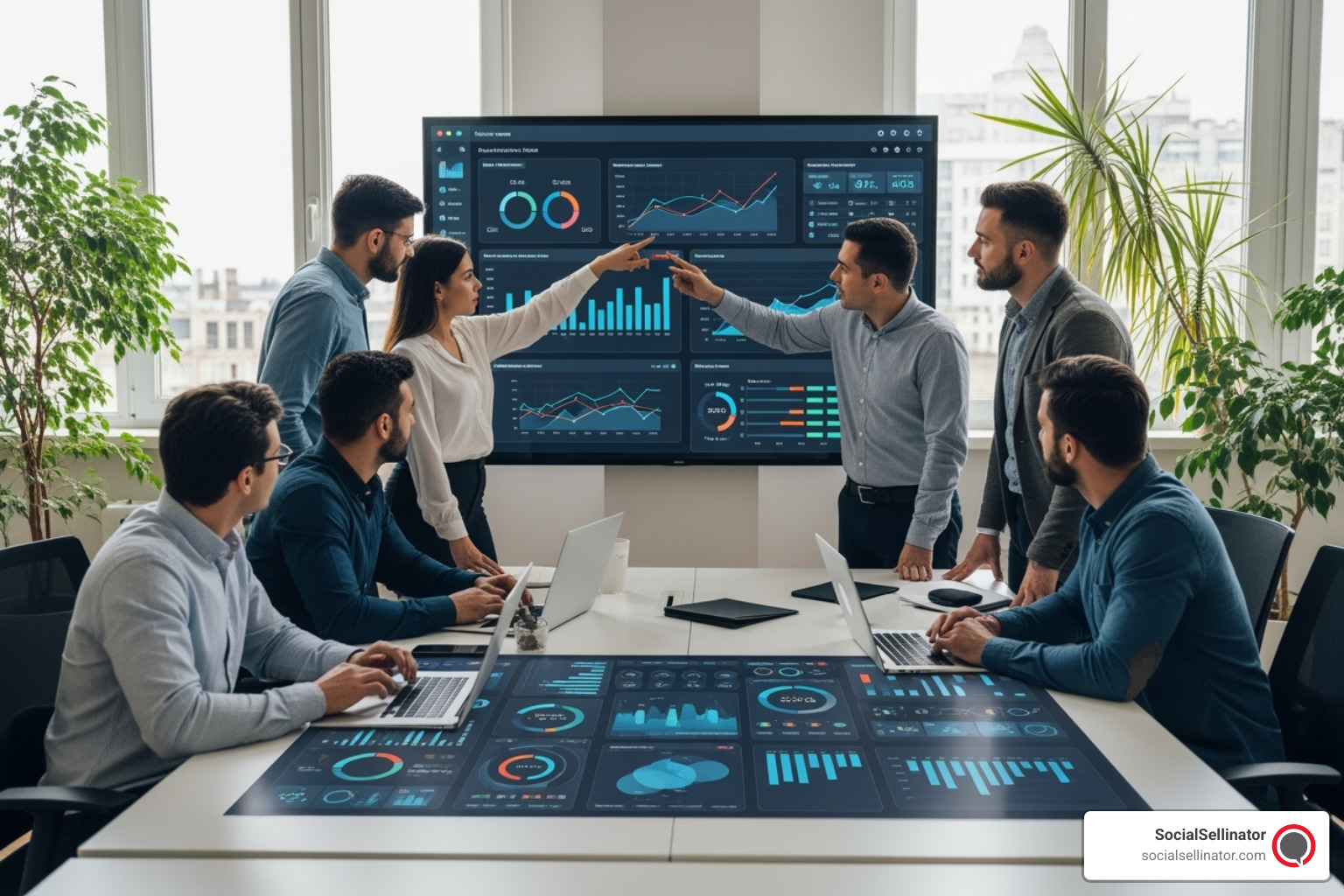 Team collaborating on a marketing strategy dashboard, showcasing data and analytics - best ppc firm