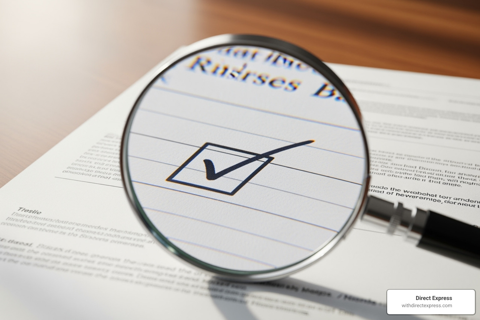 a magnifying glass over a business document with a checkmark - Cash home buyers St. Petersburg