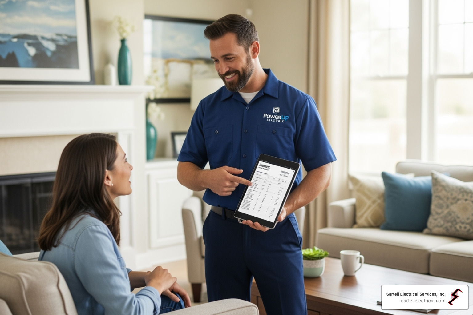 electrician explaining a bill to a homeowner - residential electrical services