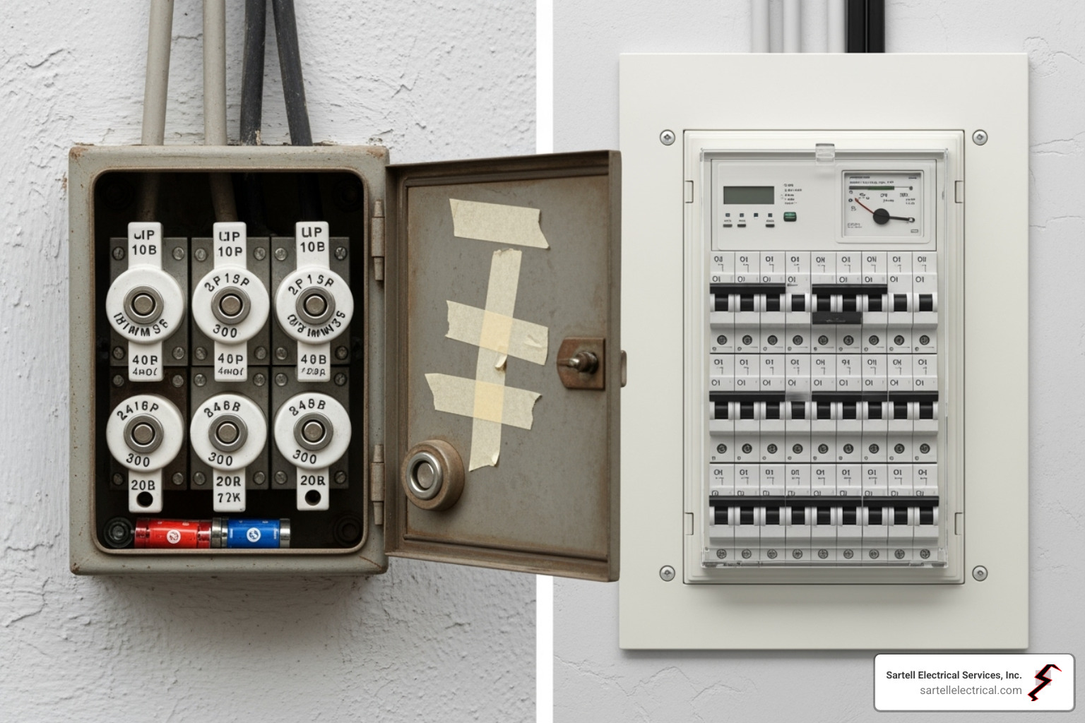 old fuse box next to a modern breaker panel - residential electrical services