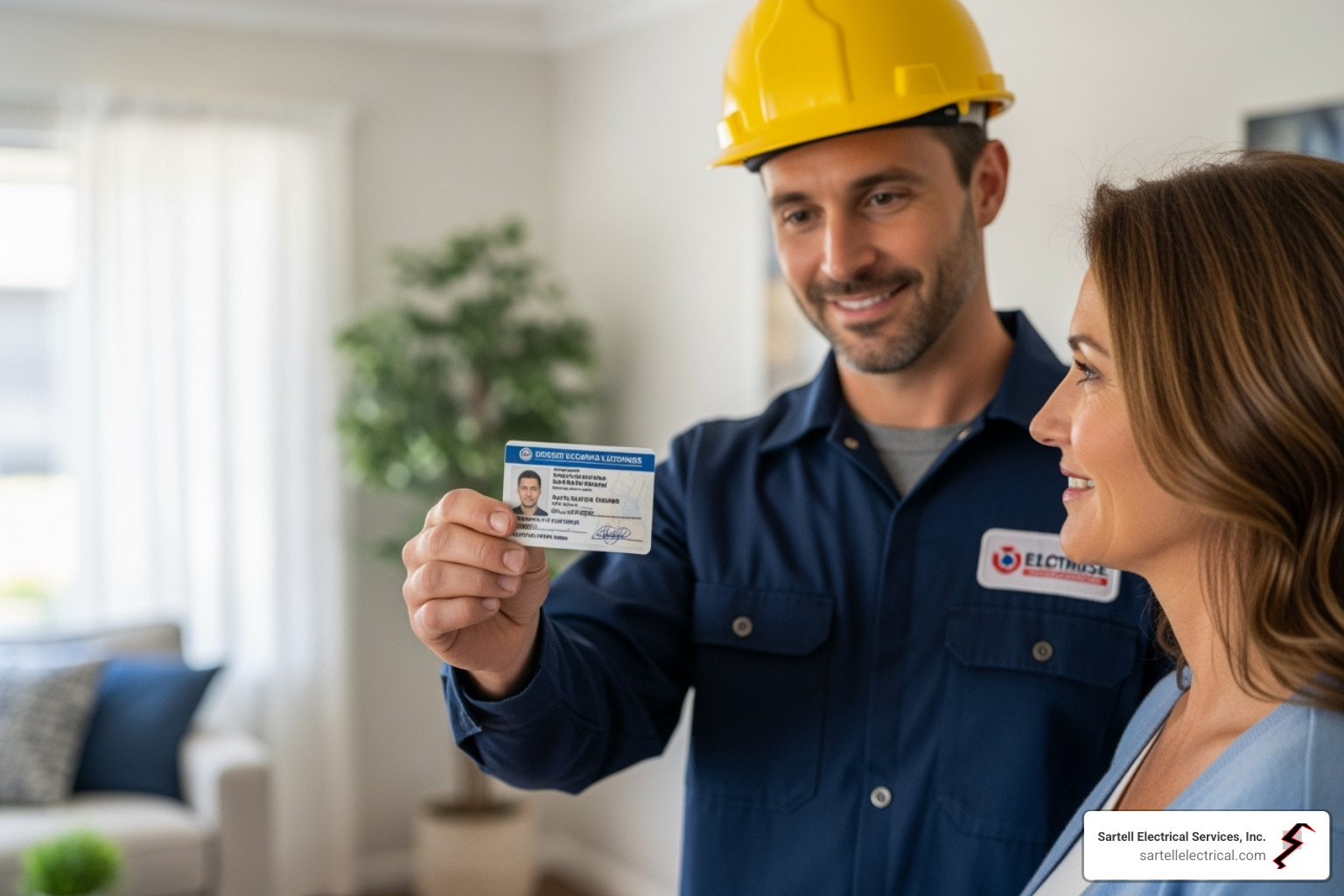 electrician showing license to homeowner - residential electrical services