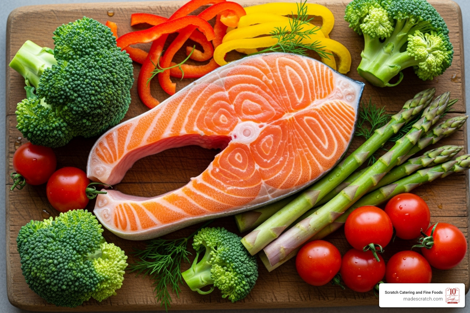 fresh, high-quality ingredients like vegetables and salmon - chef-prepared meals