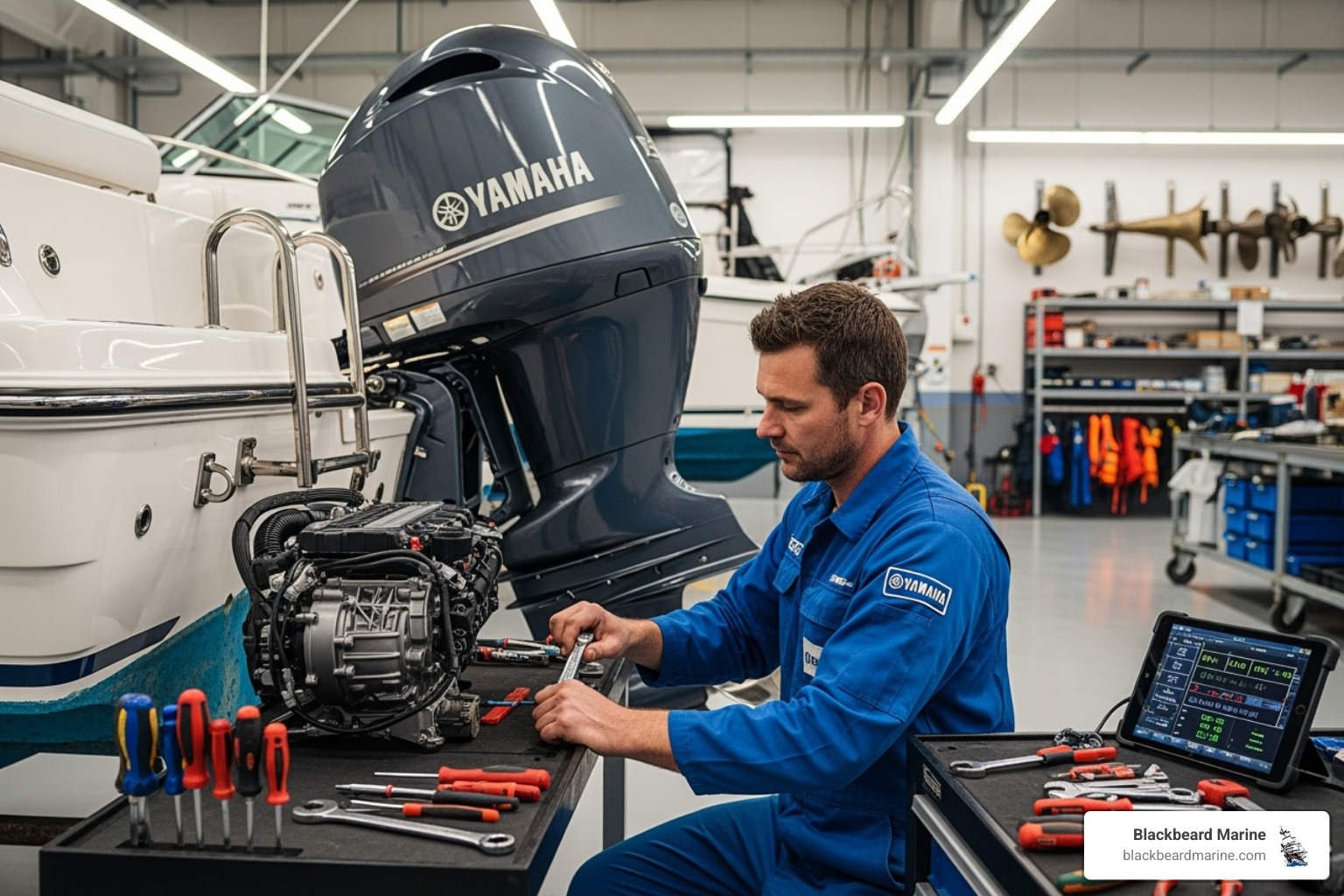 Technician working on an outboard motor - Boats for sale Texas