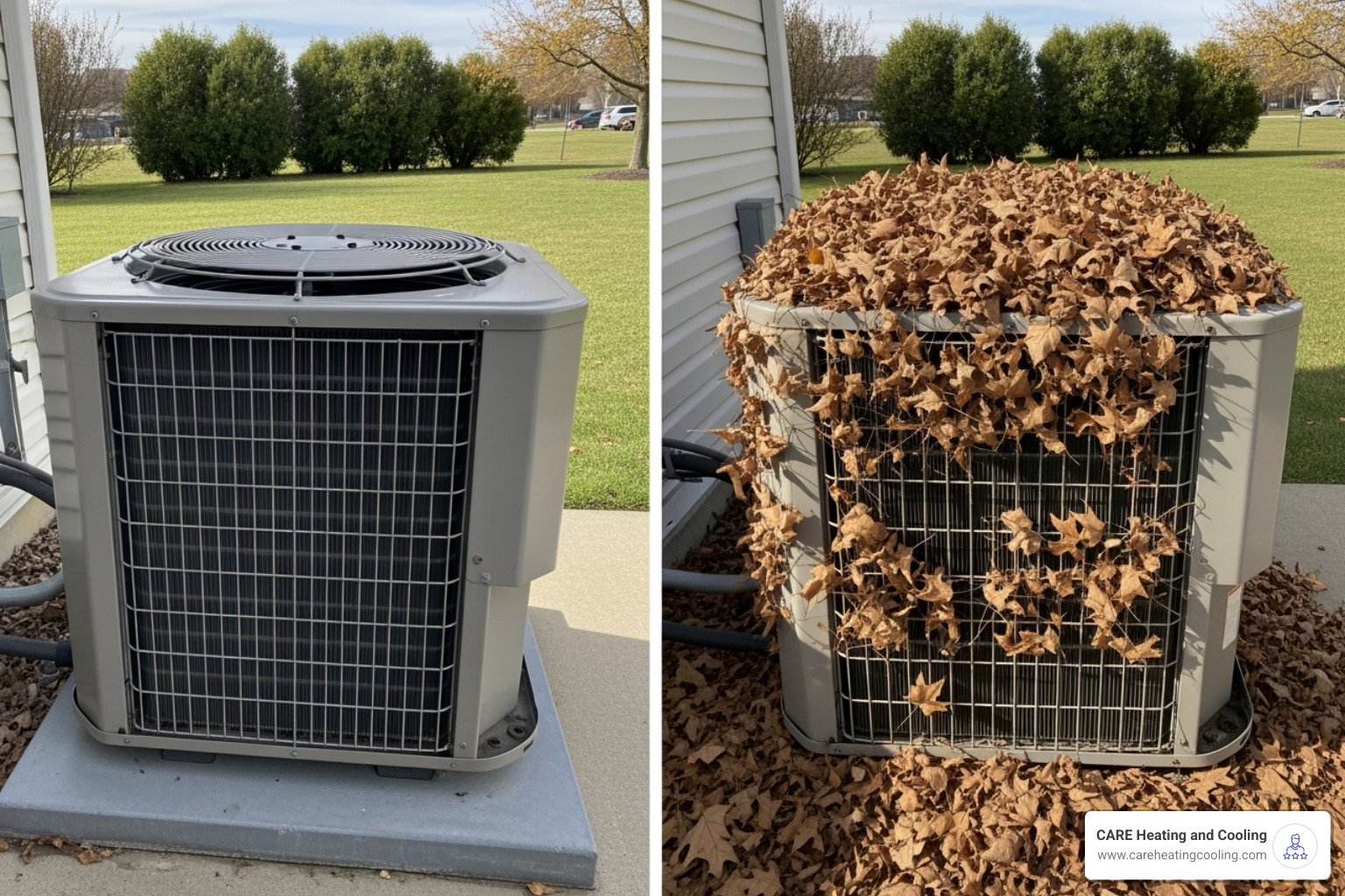 A clean outdoor condenser unit next to one covered in leaves - HVAC system failure
