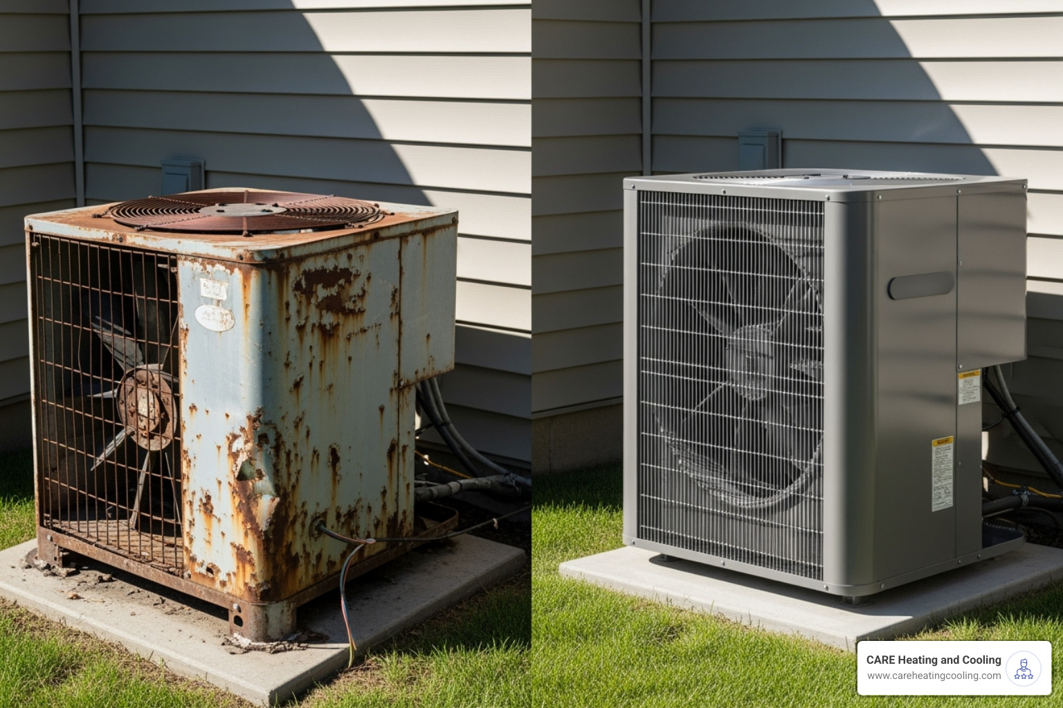 An old, rusty HVAC unit next to a sleek, new energy-efficient model - HVAC system failure