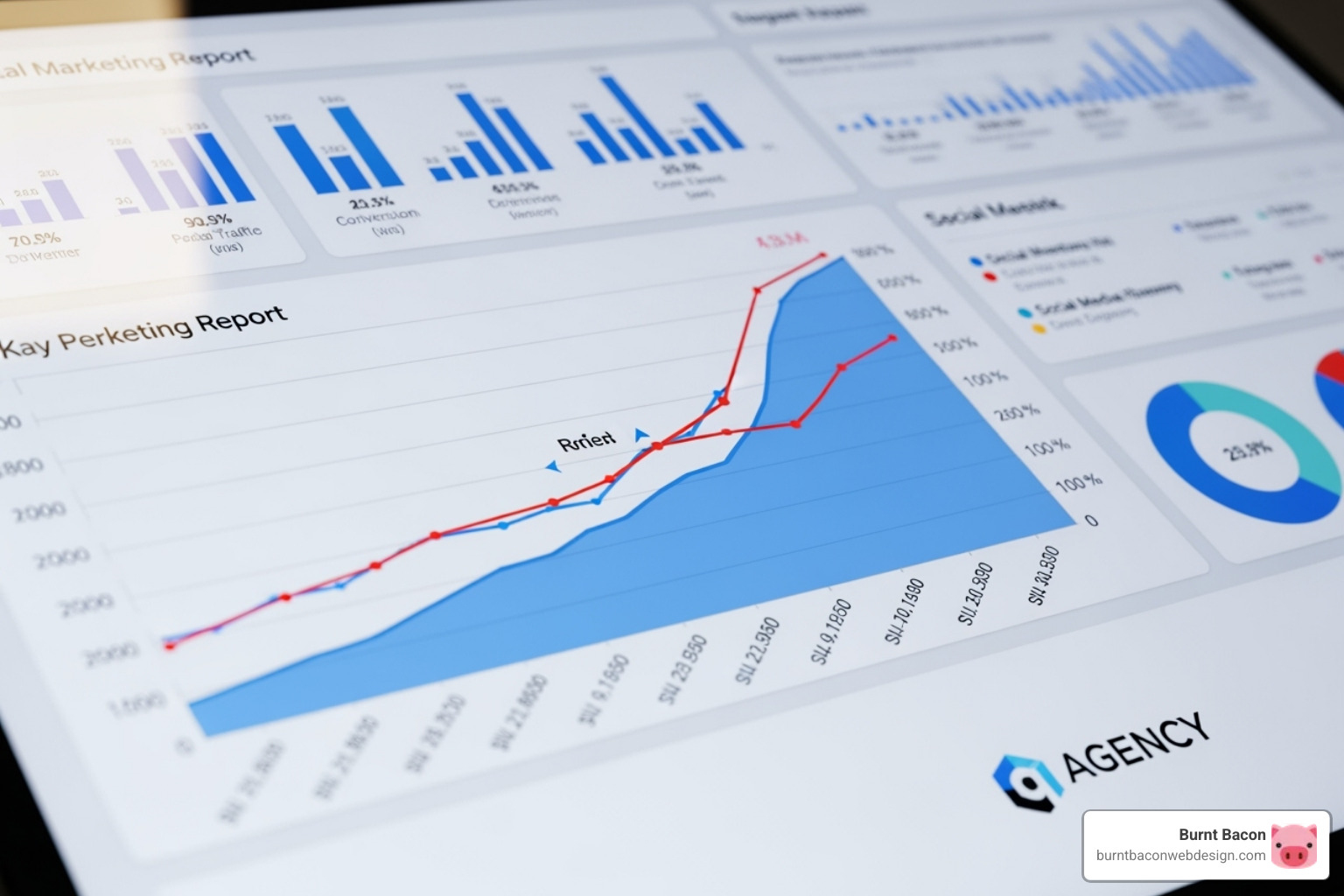 Image of a branded SEO report showing positive growth charts, with a blurred agency logo in the corner - affordable private label seo