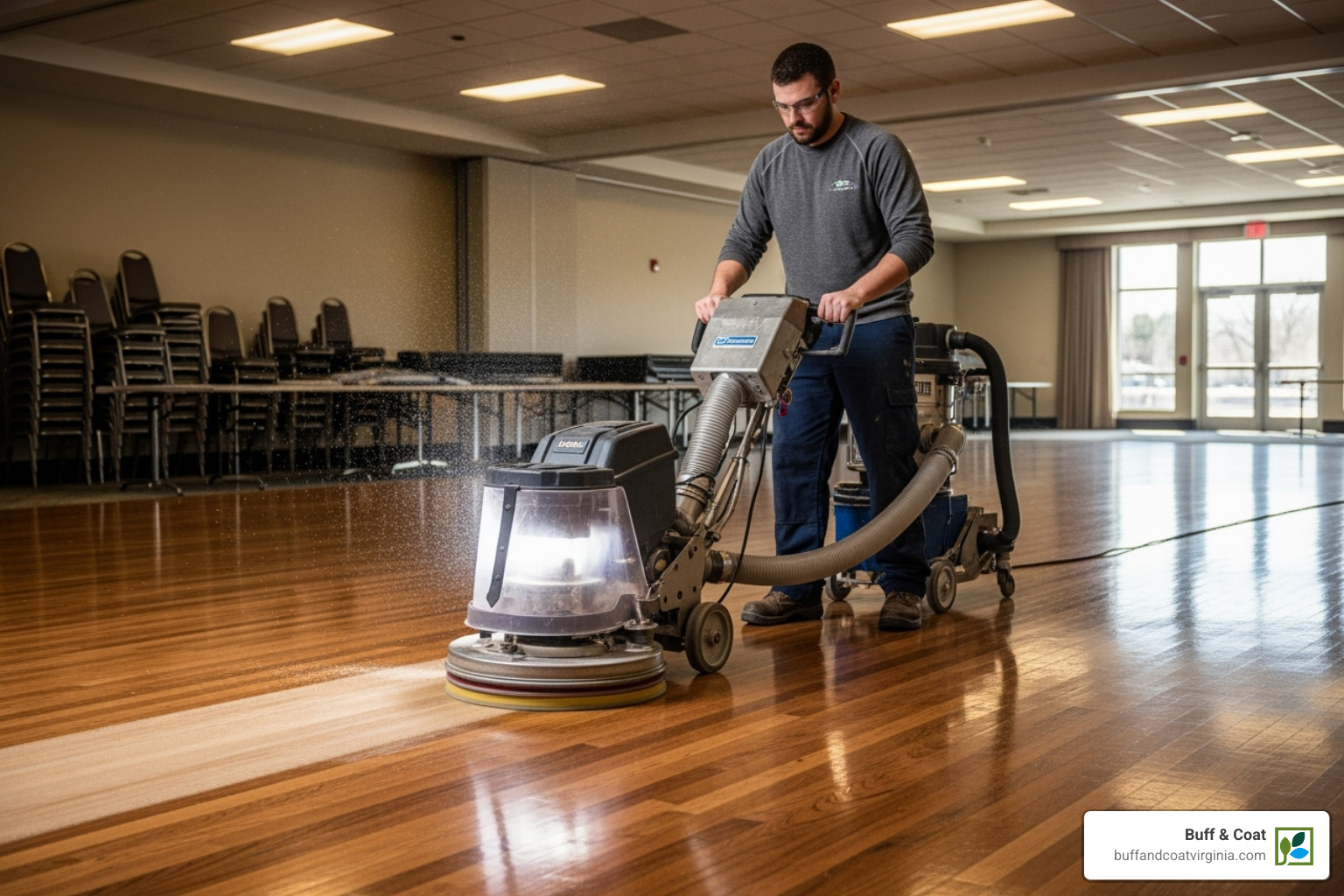 technician using a floor buffer with a dust containment system - buff and coat hardwood floor refinishing technician using a floor buffer with a dust containment system - buff and coat hardwood floor refinishing