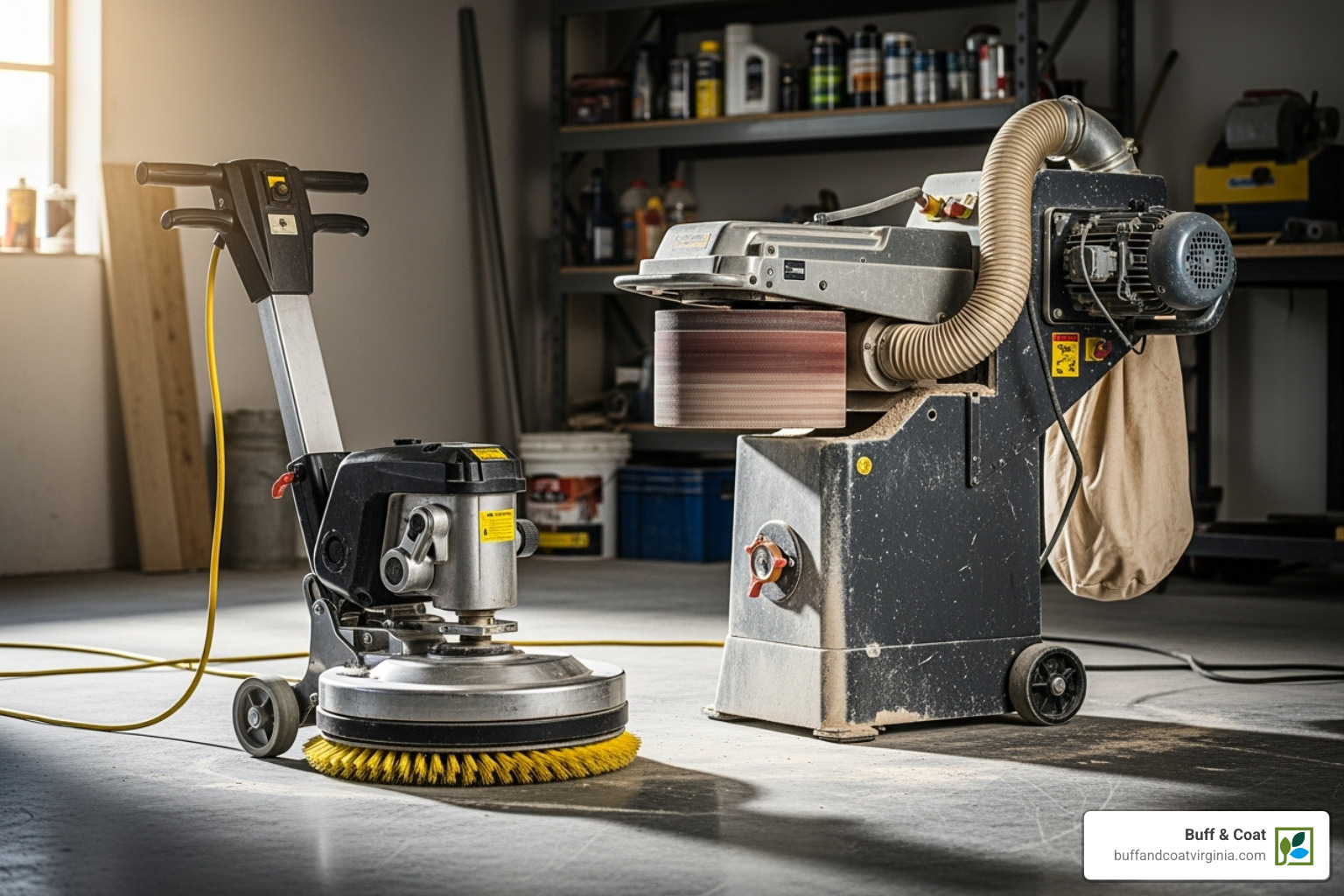 floor buffer machine next to a large drum sander - buff and coat hardwood floor refinishing floor buffer machine next to a large drum sander - buff and coat hardwood floor refinishing