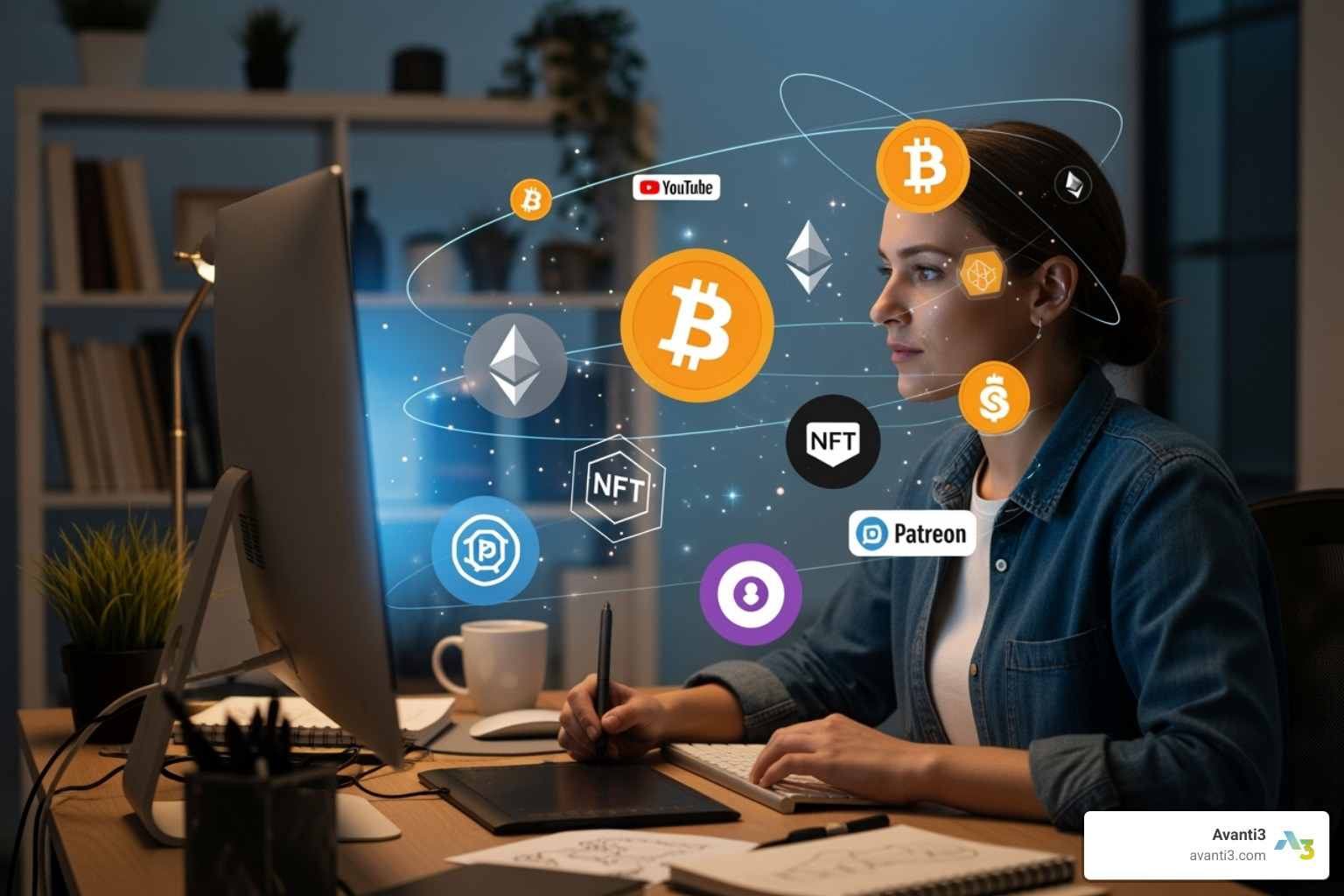 creator at desk with monetization icons - Digital asset monetization