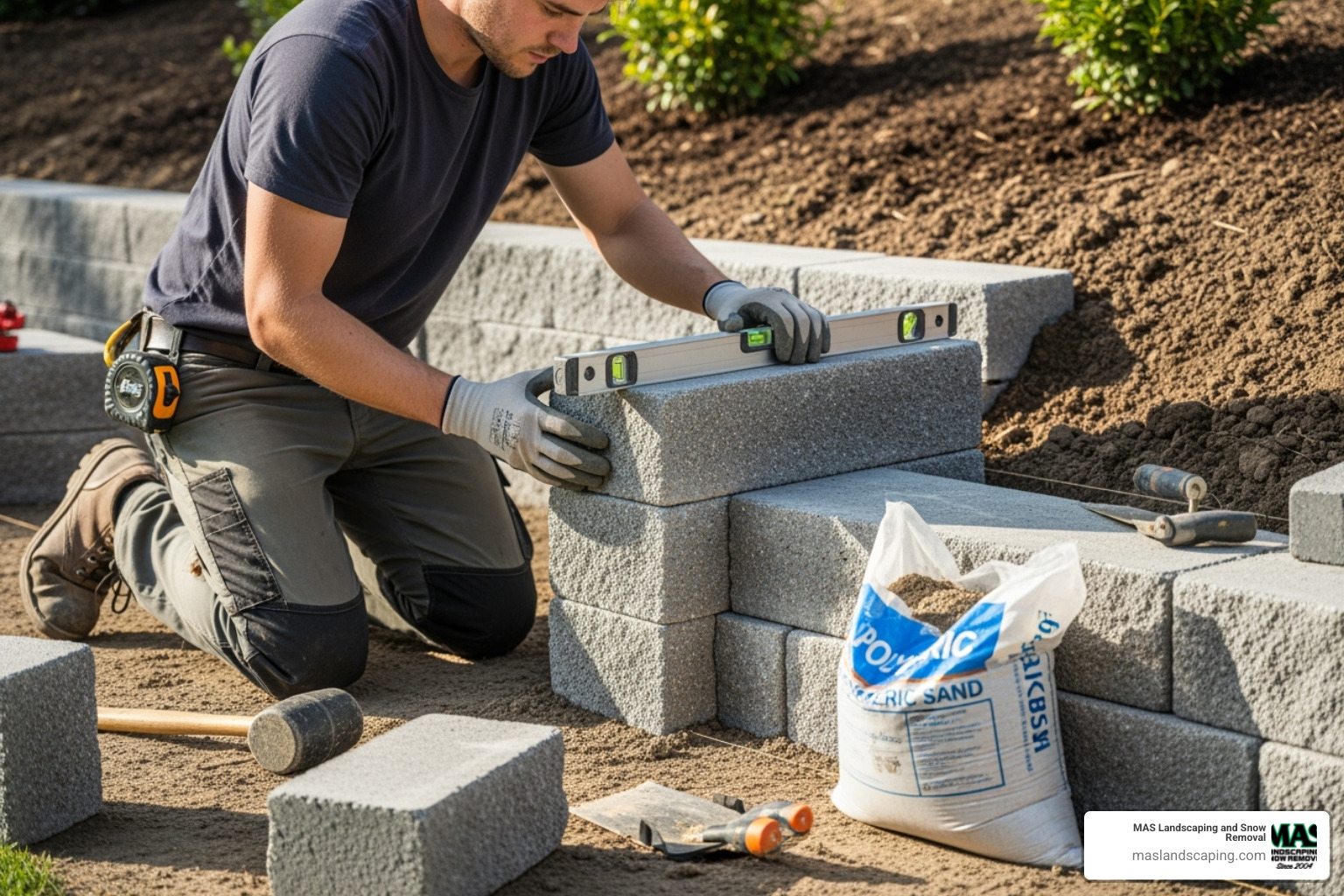 A landscaper carefully installing a course of retaining wall blocks, ensuring they are level and properly aligned - do landscapers build retaining walls