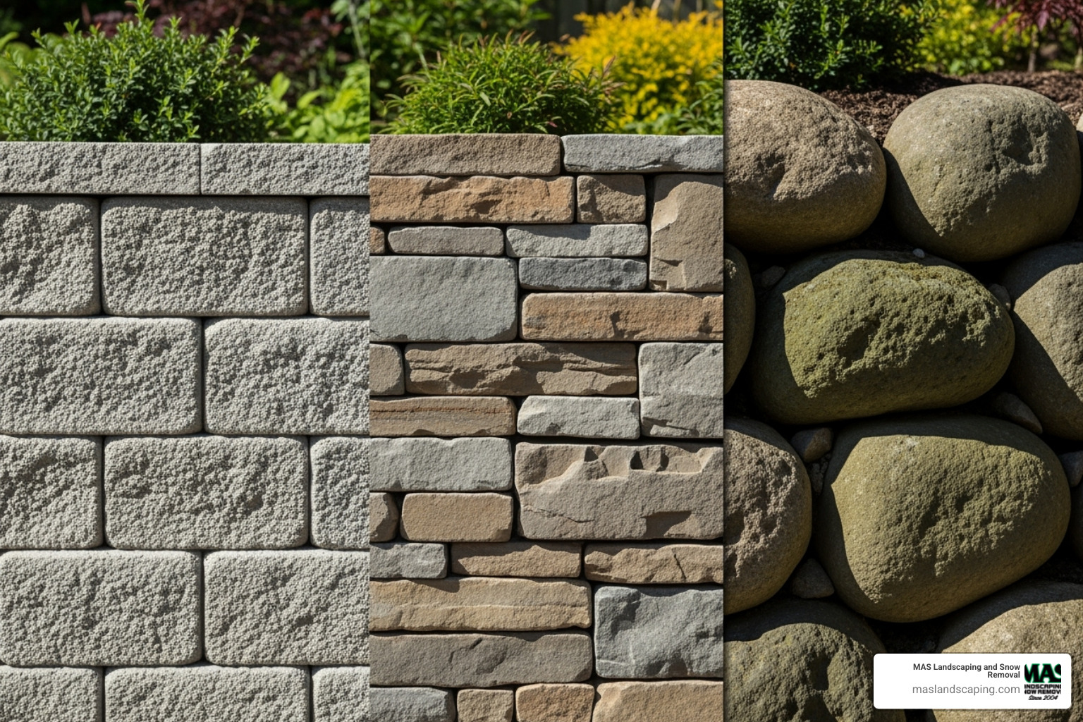 A display of various retaining wall materials including interlocking concrete blocks, natural stone pavers, and large boulders, showcasing different textures and colors - do landscapers build retaining walls