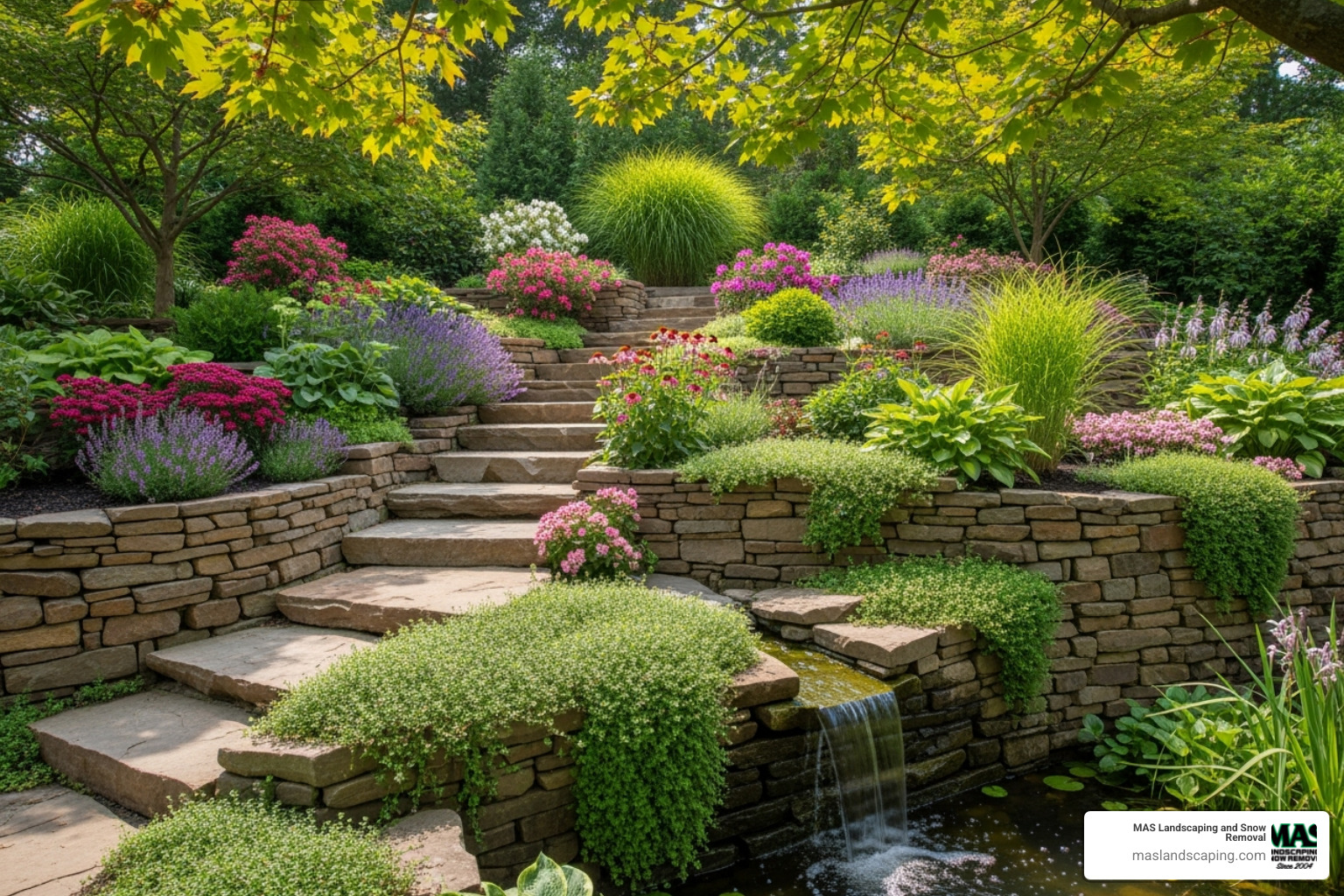 A multi-level garden with integrated retaining walls, steps, and vibrant plantings, showcasing a holistic landscape design - do landscapers build retaining walls