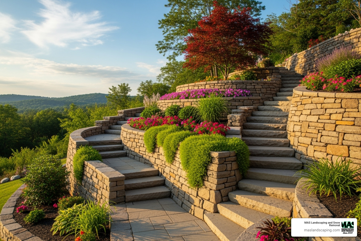 A complex, curved retaining wall on a steep, landscaped slope, featuring multiple tiers and integrated steps - do landscapers build retaining walls