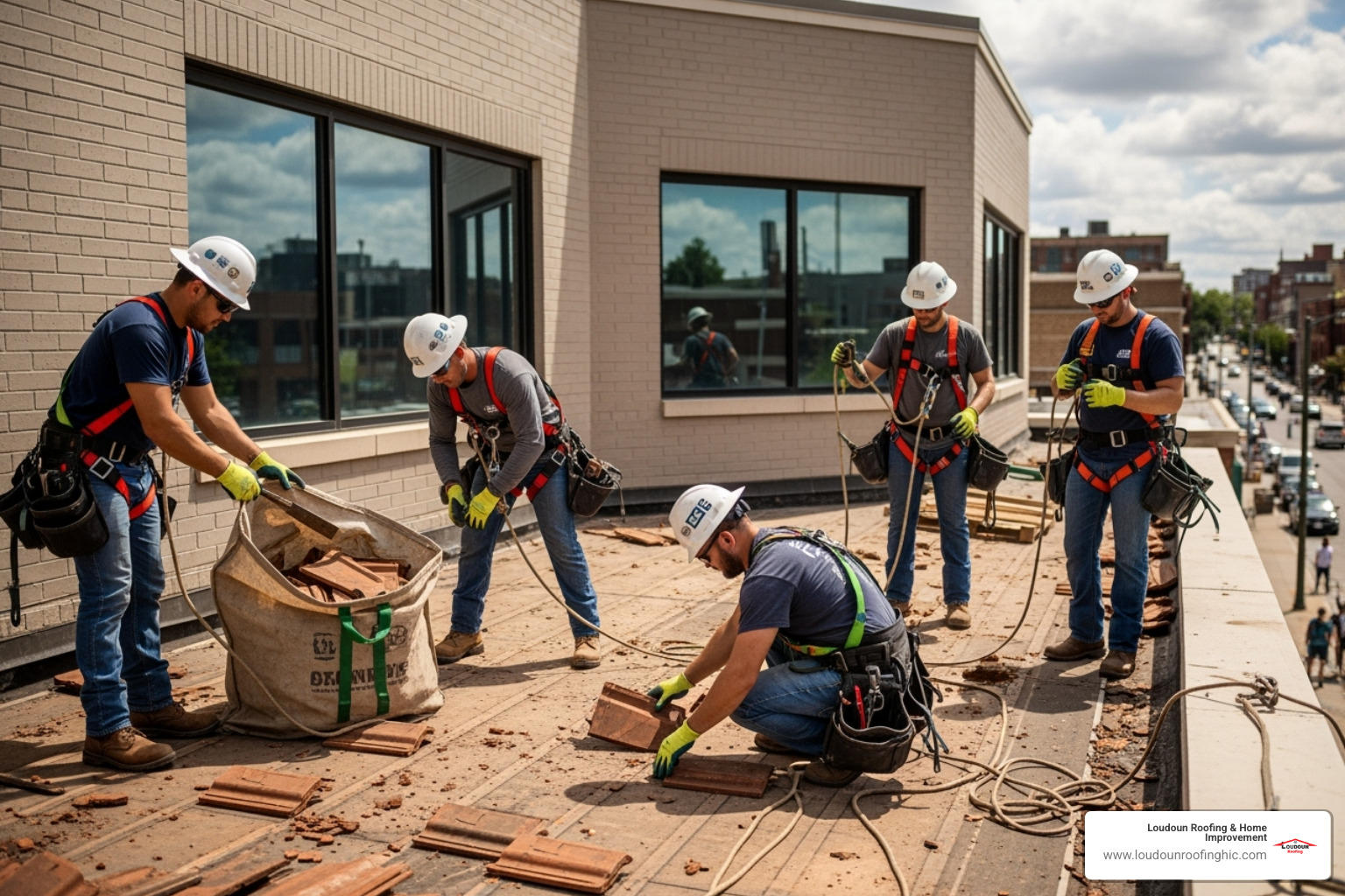 Professional roofing crew carefully removing old tiles from a commercial building with proper safety harnesses - Tile roof replacement