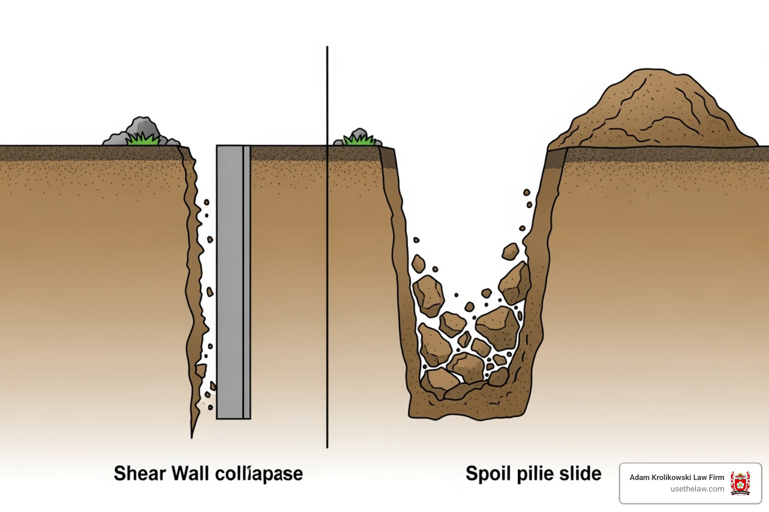 illustrating the different types of trench collapses like a shear wall collapse and a spoil pile slide - trench accident lawyer illustrating the different types of trench collapses like a shear wall collapse and a spoil pile slide - trench accident lawyer