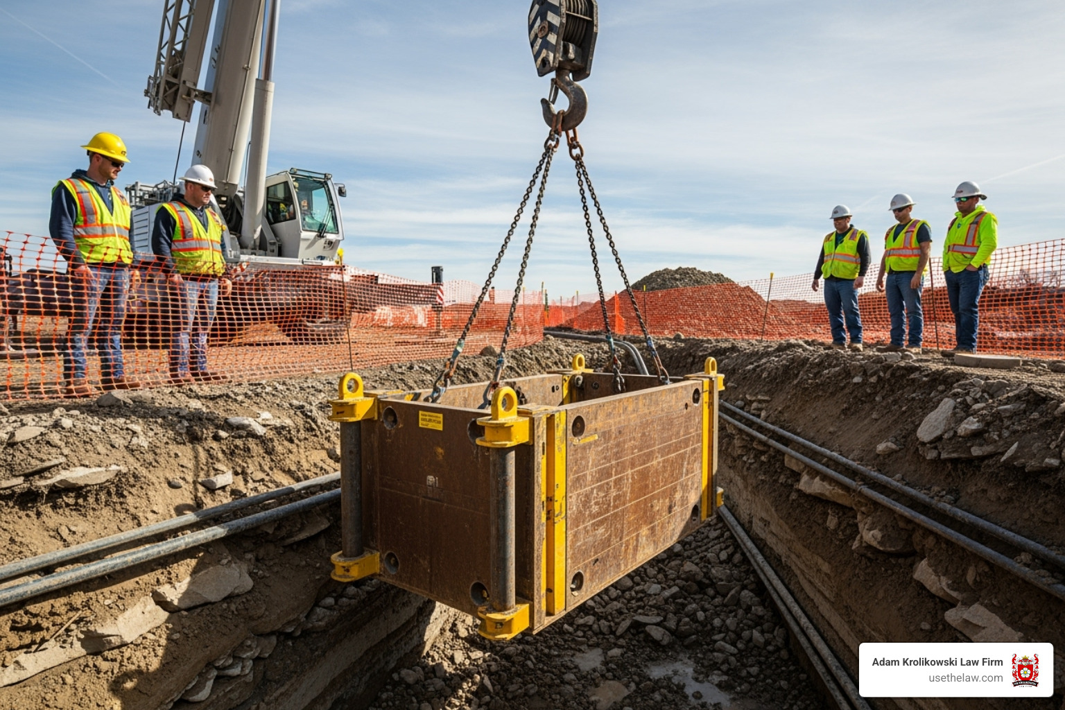 A trench box being lowered into an excavation, emphasizing safety measures - trench accident lawyer A trench box being lowered into an excavation, emphasizing safety measures - trench accident lawyer