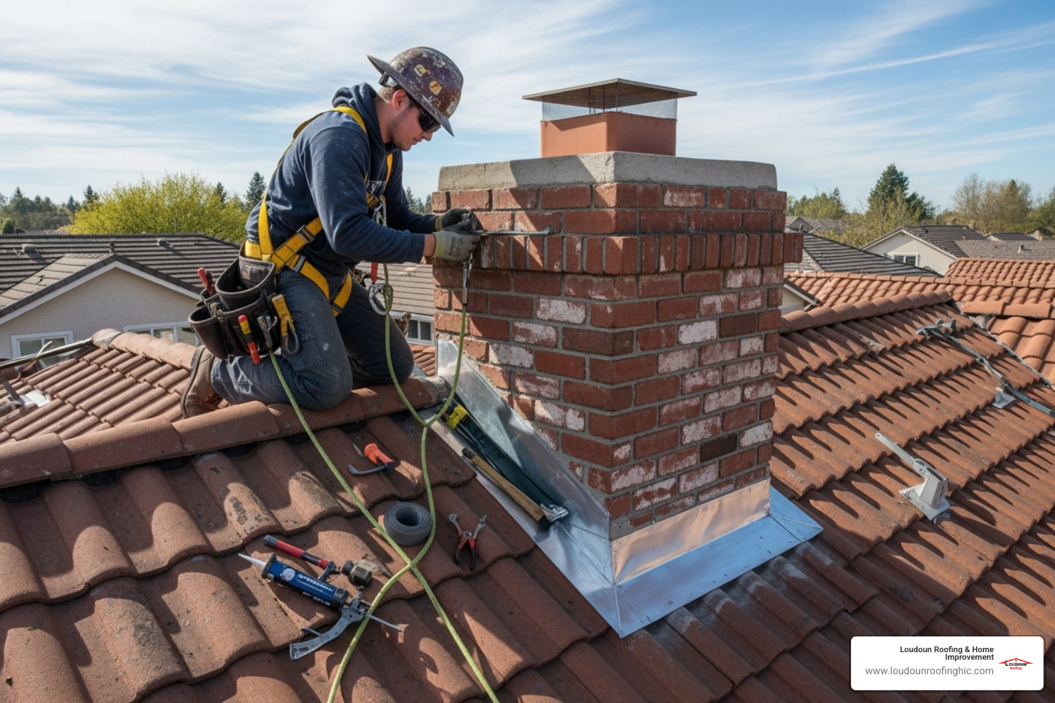 Roofer installing new flashing around a chimney on a tile roof with proper safety harness - Tile roof replacement