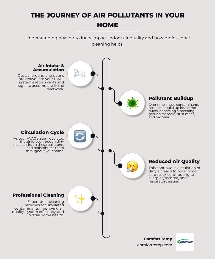 Infographic explaining the journey of dust and allergens through a home's HVAC system, including how dirty ducts circulate pollutants from room to room via supply and return vents, and how professional cleaning removes these contaminants to improve indoor air quality - duct cleaning companies infographic infographic-line-5-steps-neat_beige Infographic explaining the journey of dust and allergens through a home's HVAC system, including how dirty ducts circulate pollutants from room to room via supply and return vents, and how professional cleaning removes these contaminants to improve indoor air quality - duct cleaning companies infographic infographic-line-5-steps-neat_beige