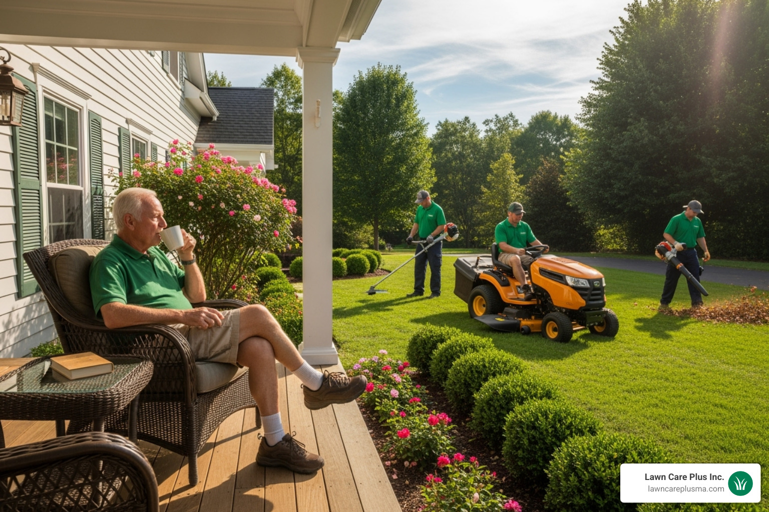 Homeowner relaxing on a porch while a professional landscaping crew efficiently cleans their front yard - front yard cleaning service