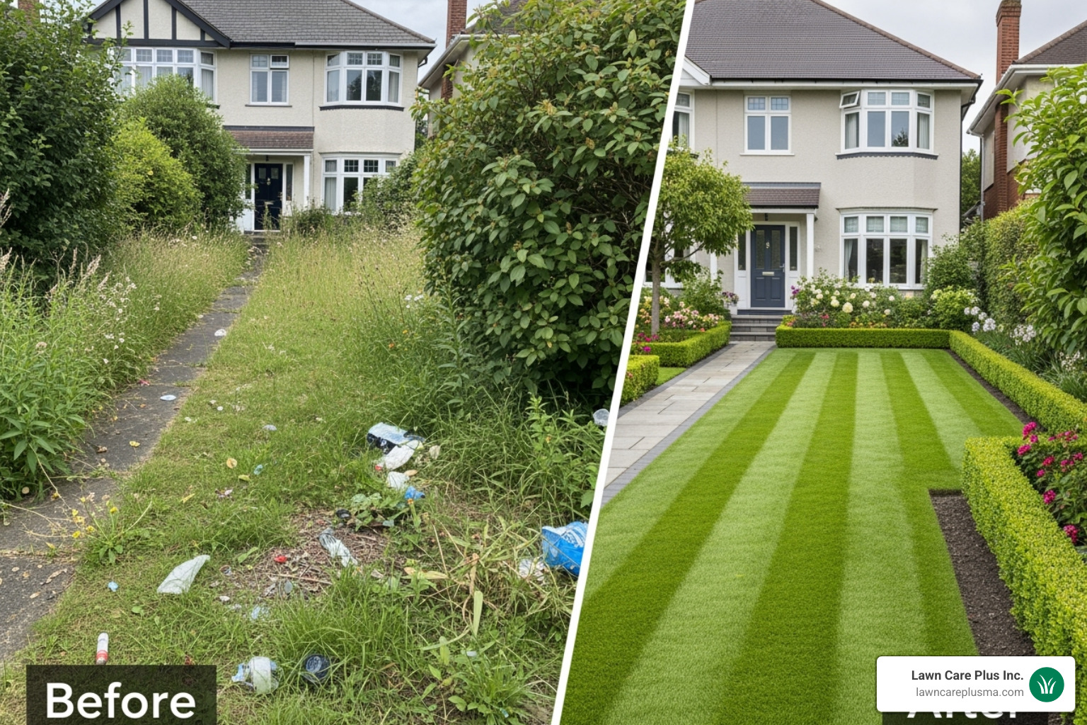 Dramatic before and after photo of a front yard cleanup, showing significant improvement from overgrown and messy to neat and manicured - front yard cleaning service