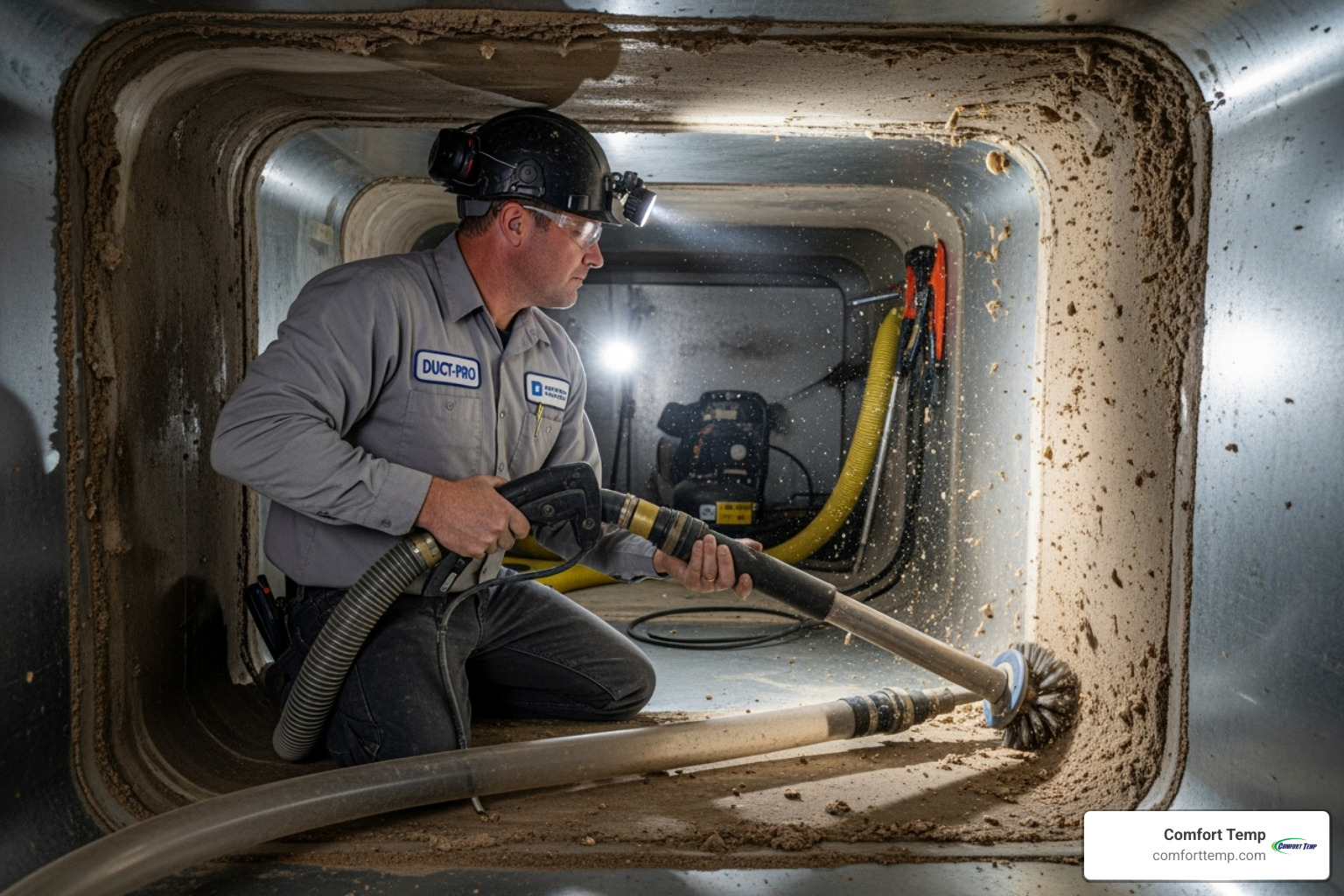 technician using a high-powered vacuum and brush system in a duct - duct cleaning companies technician using a high-powered vacuum and brush system in a duct - duct cleaning companies