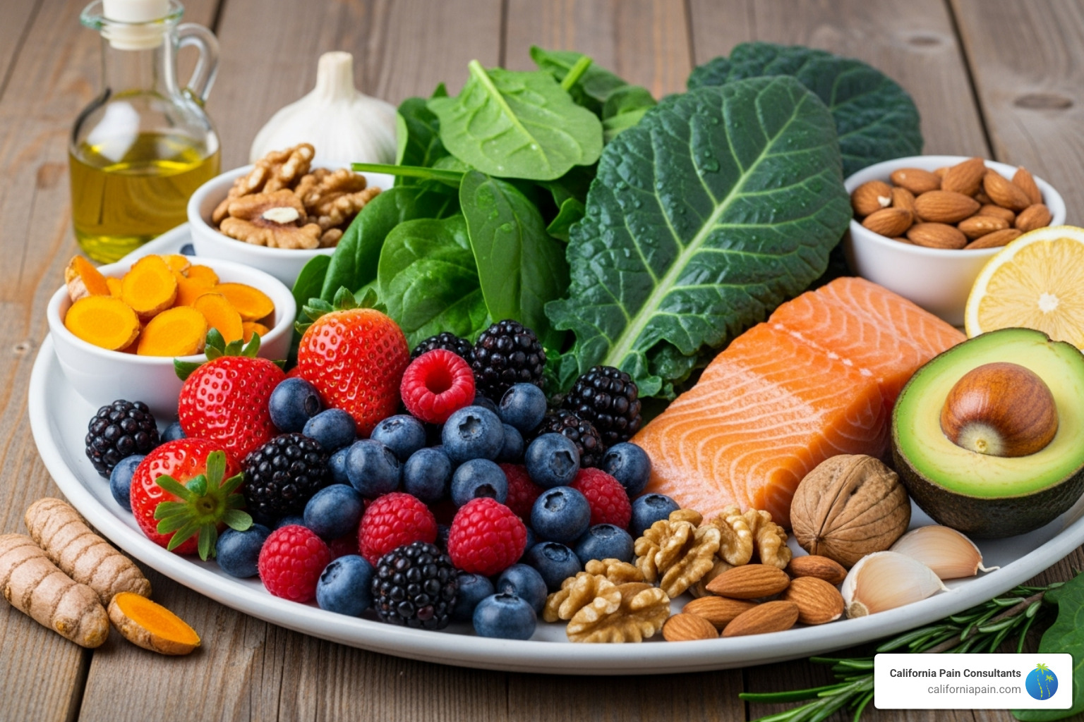 Variety of anti-inflammatory foods like berries, leafy greens, and fatty fish - pain mangement