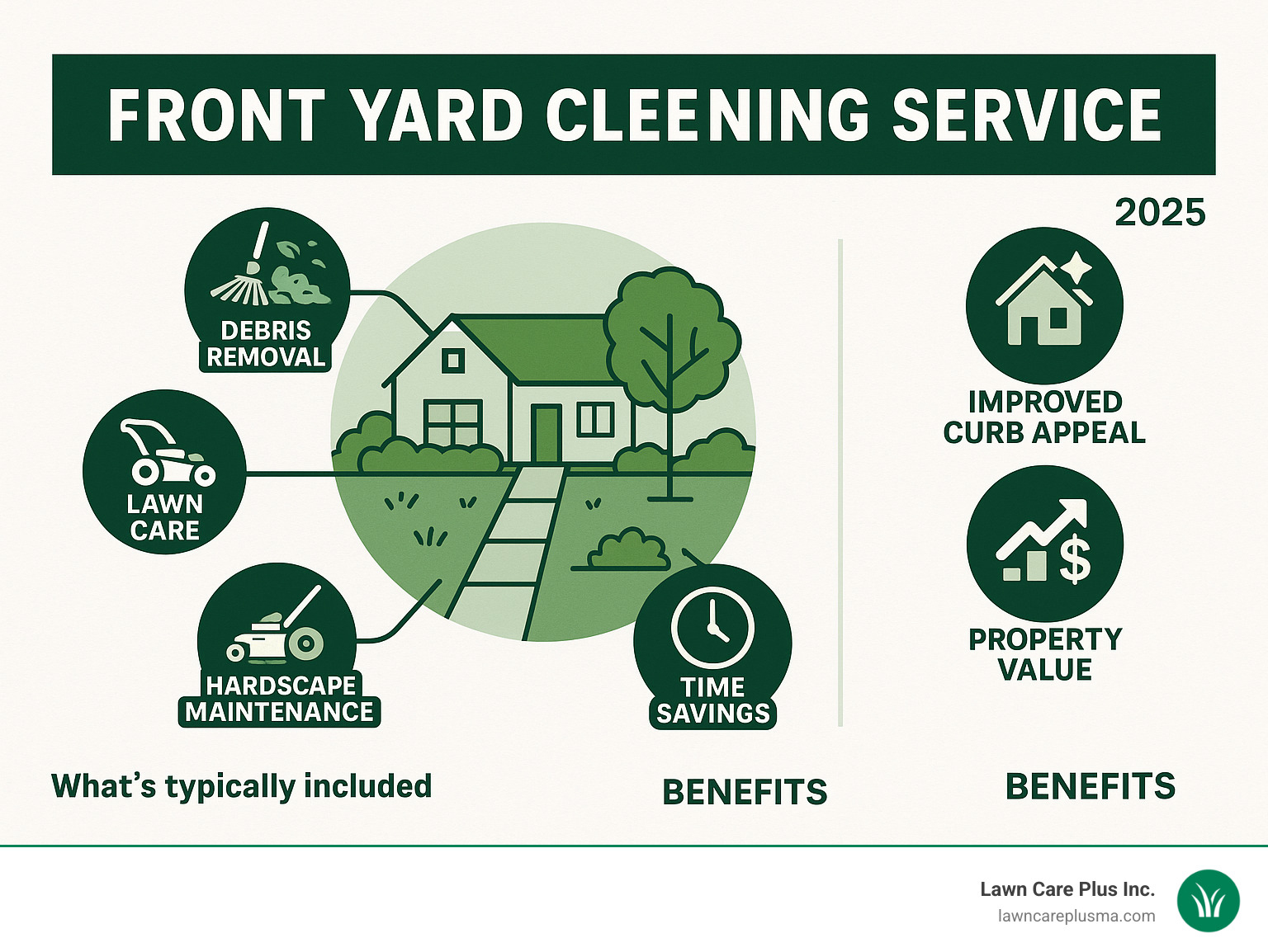 Comprehensive infographic showing the key components of a front yard cleaning service including debris removal, lawn care, pruning, hardscape maintenance, and the resulting benefits of improved curb appeal, property value, and time savings - front yard cleaning service infographic 