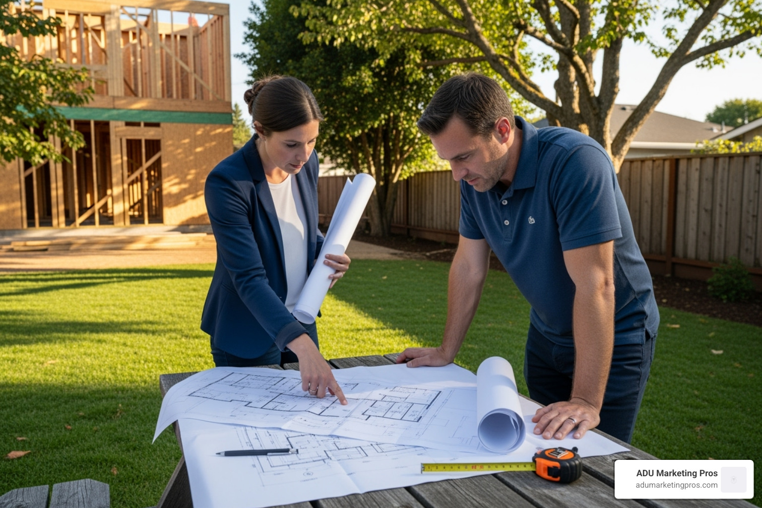 an architect and a homeowner reviewing ADU blueprints in a backyard - Building an ADU