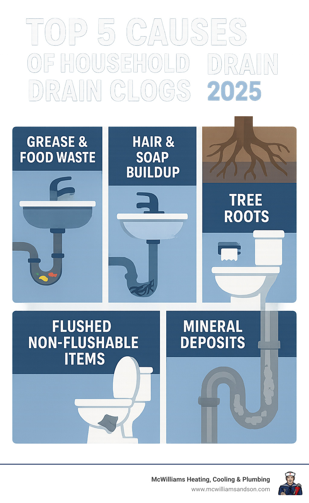 Infographic showing the top 5 causes of household drain clogs: grease and food waste from kitchen sinks, hair and soap buildup in bathroom drains, tree roots infiltrating sewer lines, flushed non-flushable items in toilets, and mineral deposits in older pipes - 24 7 drain cleaning infographic 