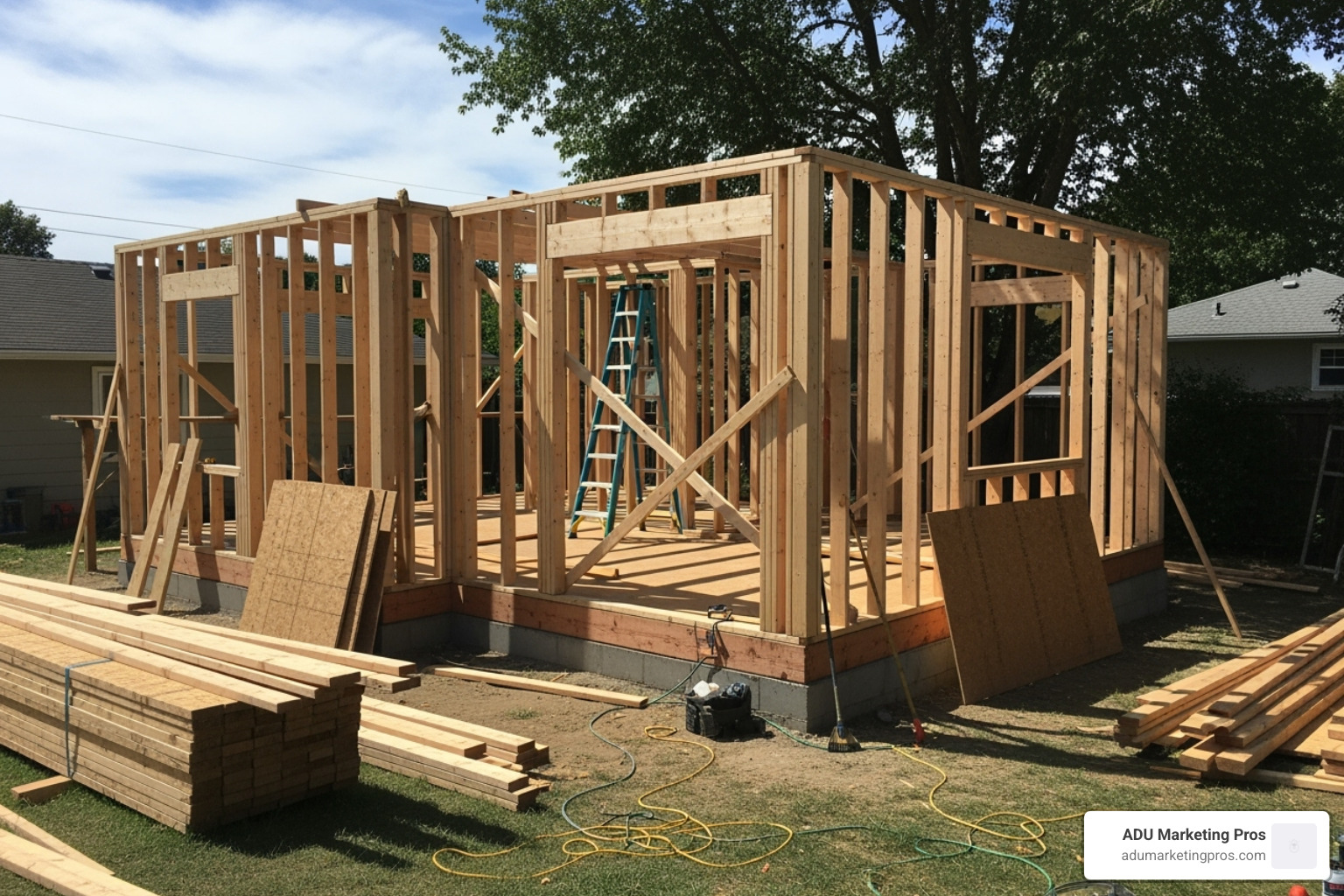 a construction site with the framing of an ADU in progress - Building an ADU
