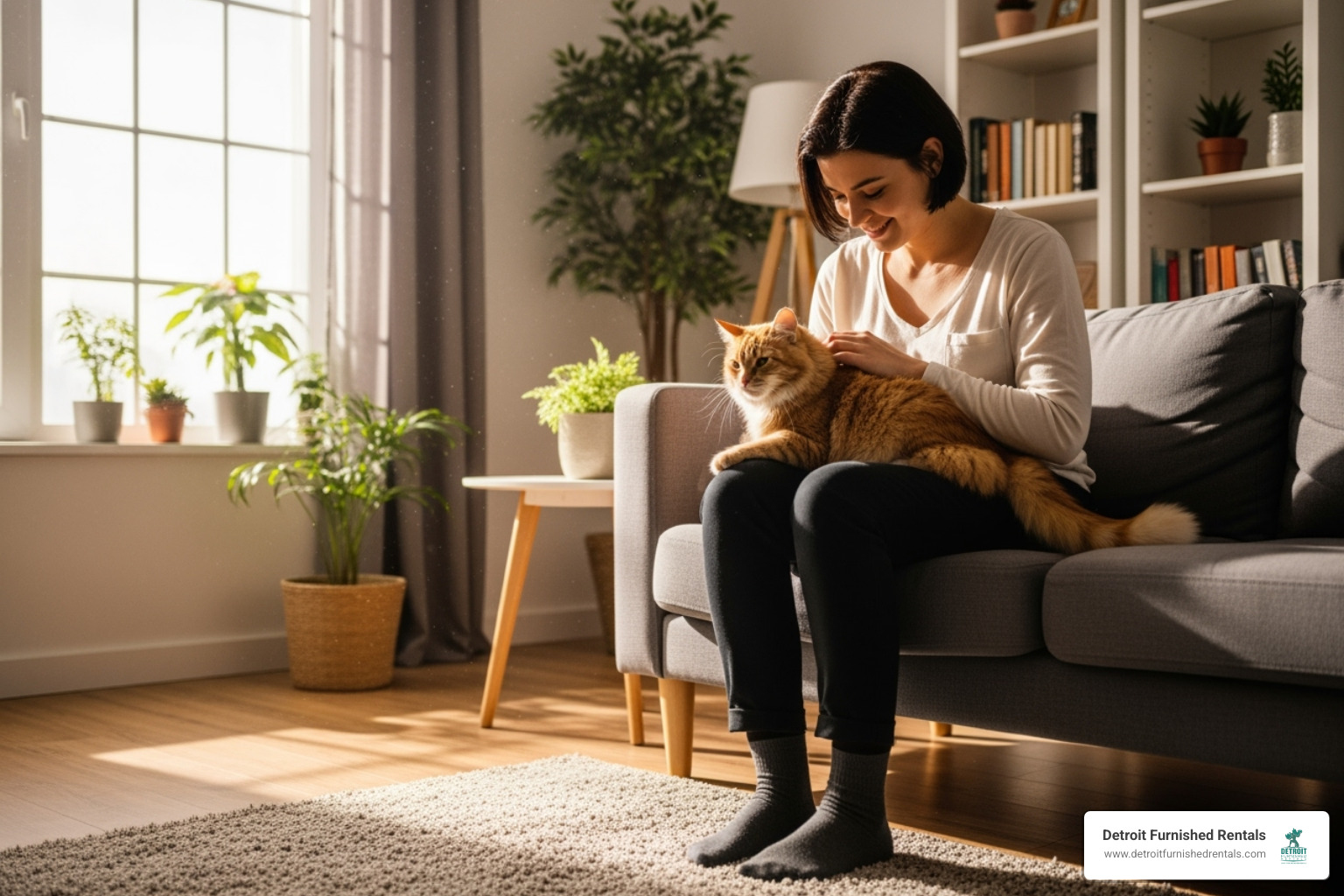A person and their cat enjoying a bright, furnished space - Pet friendly furnished rentals