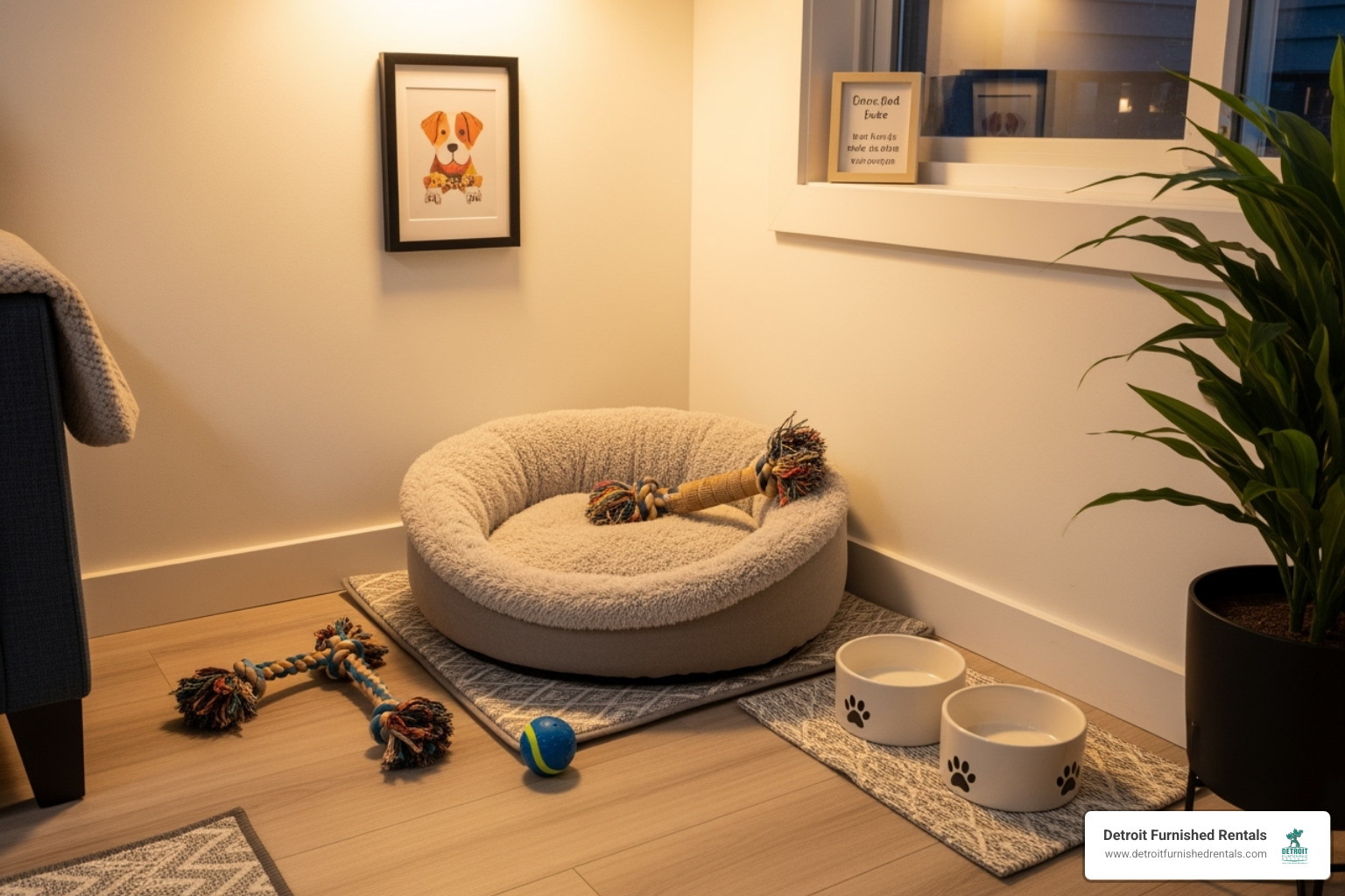 A designated pet corner in a rental with a bed, toys, and bowls - Pet friendly furnished rentals