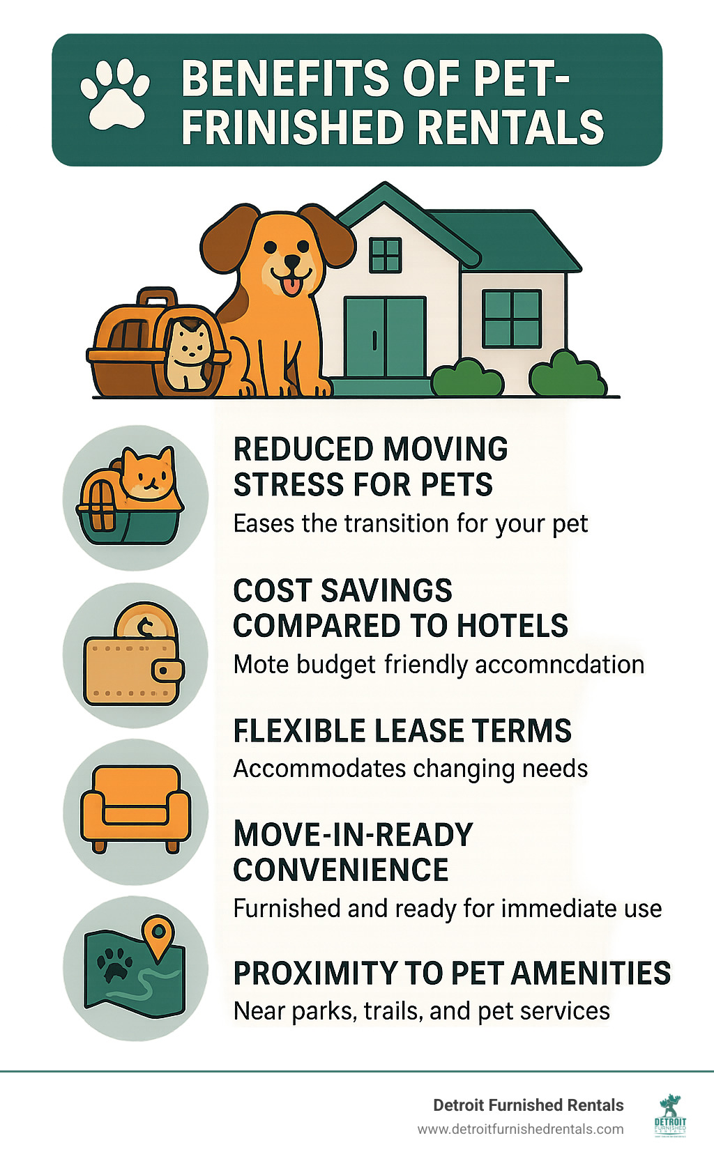 Infographic showing benefits of pet-friendly furnished rentals including reduced moving stress for pets, cost savings compared to hotels, flexible lease terms, move-in ready convenience, and proximity to pet amenities - Pet friendly furnished rentals infographic 